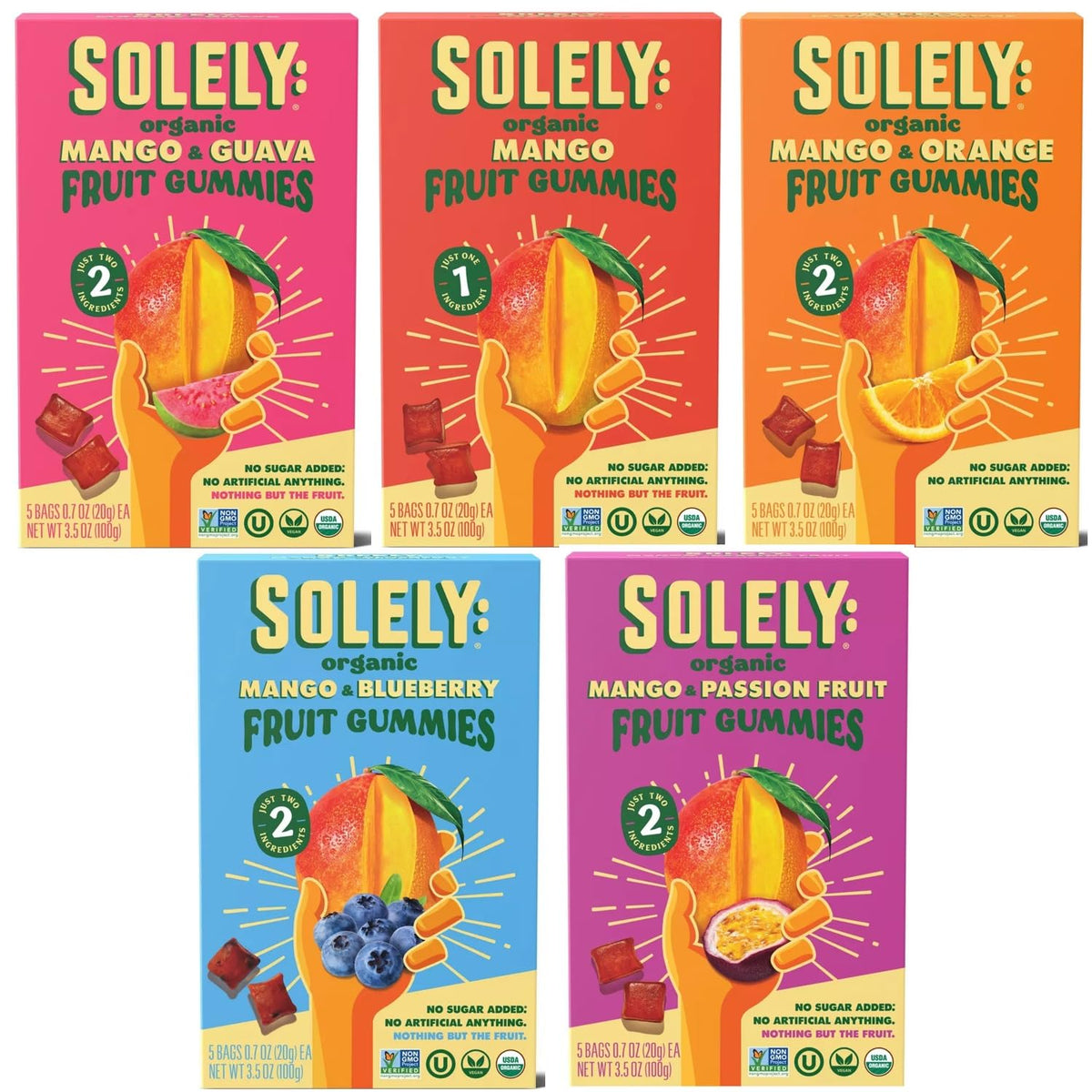 LIVEBEAR SOLELY Organic Fruit Gummies Variety Pack — Mango, Mango & Orange, Mango & Guaba, Mango & Passion Fruit, Mango & Blueberry (5 Packs)
