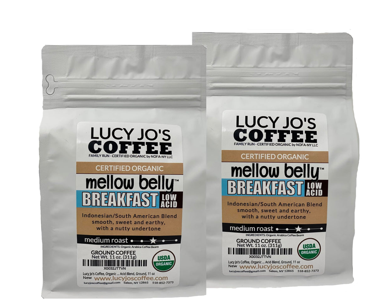 Lucy Jo's Coffee Organic Mellow Belly Breakfast Low Acid Blend – Medium Roast, Ground, 11 oz (2-Pack)