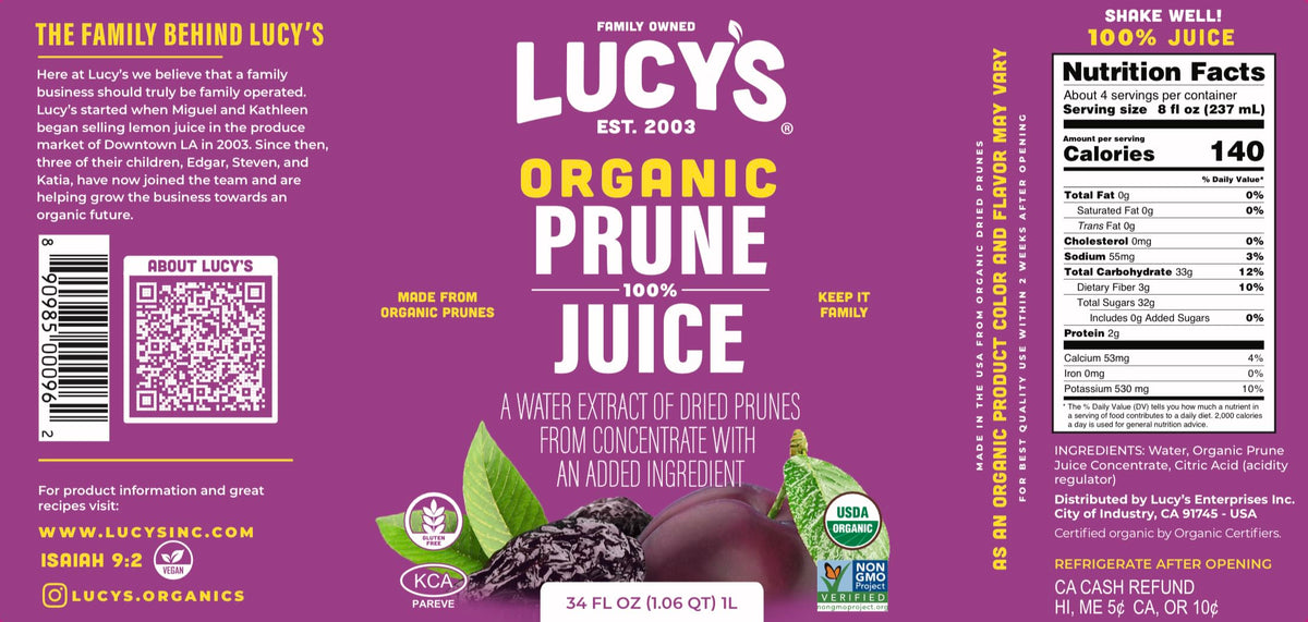Lucy’s Family Owned Organic Prune Juice — 2 x 34oz Glass Bottles, 100% Prune Juice