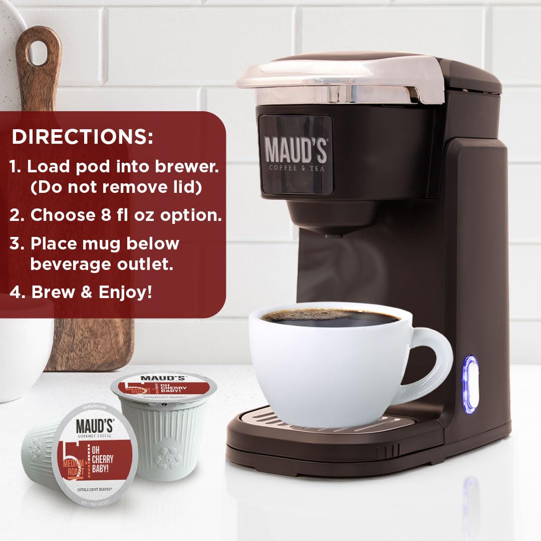 Maud's Cherry Flavored Coffee Pods - 50 Count, Medium Roast, 100% Arabica, Keurig Compatible