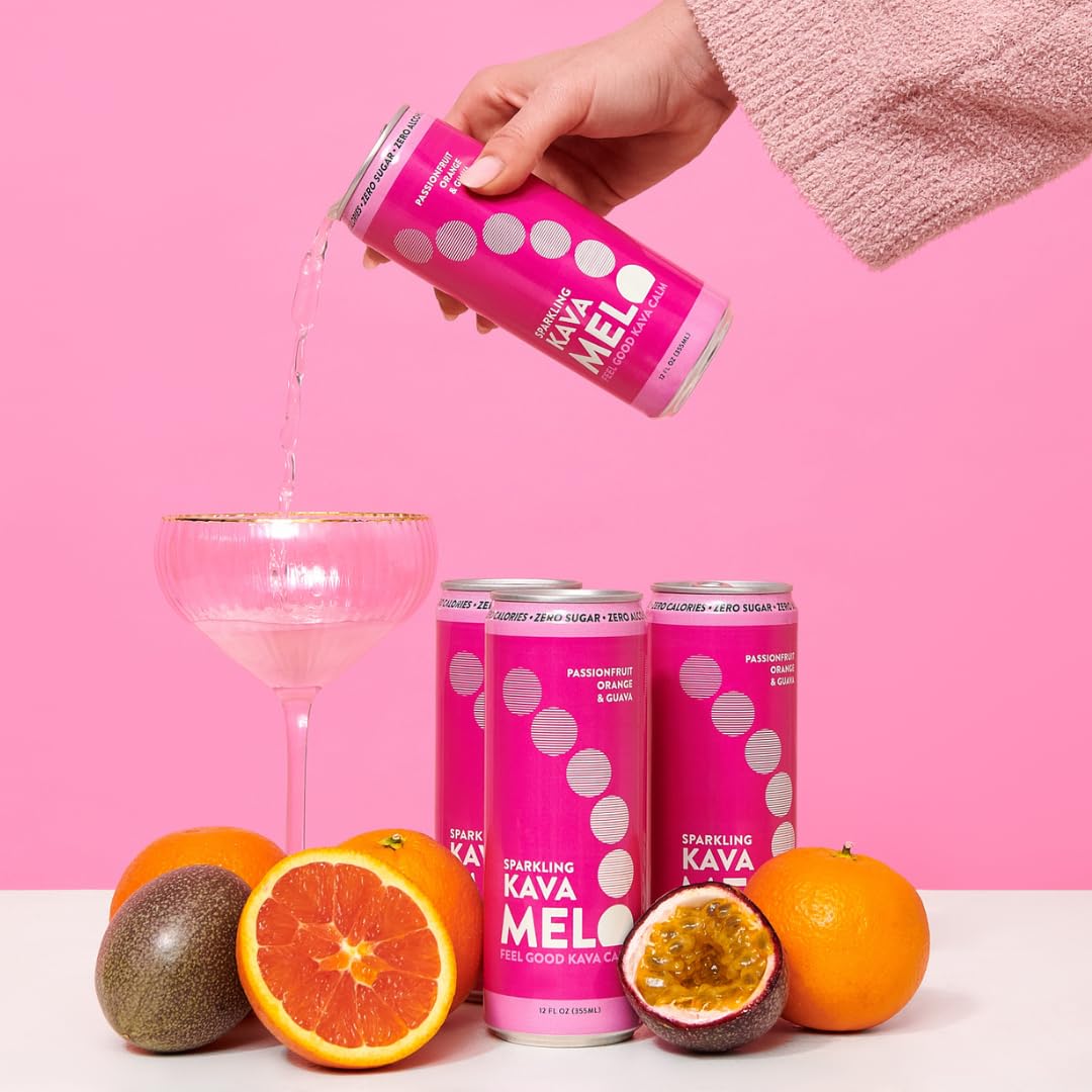 Melo Sparkling Kava Drink – Passionfruit Orange & Guava, Non-Alcoholic, Sugar Free, Zero-Calorie, 12 Pack, 12 oz Cans