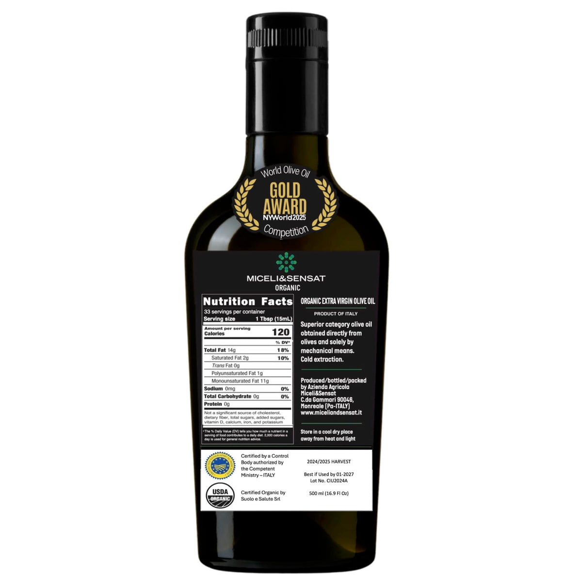 MICELI&SENSAT Fruity Medium Organic Olive Oil — 500+ mg/kg Polyphenols, Sicilian IGP, 2025 NYIOOC Gold, Cold Pressed (16.9 fl oz)