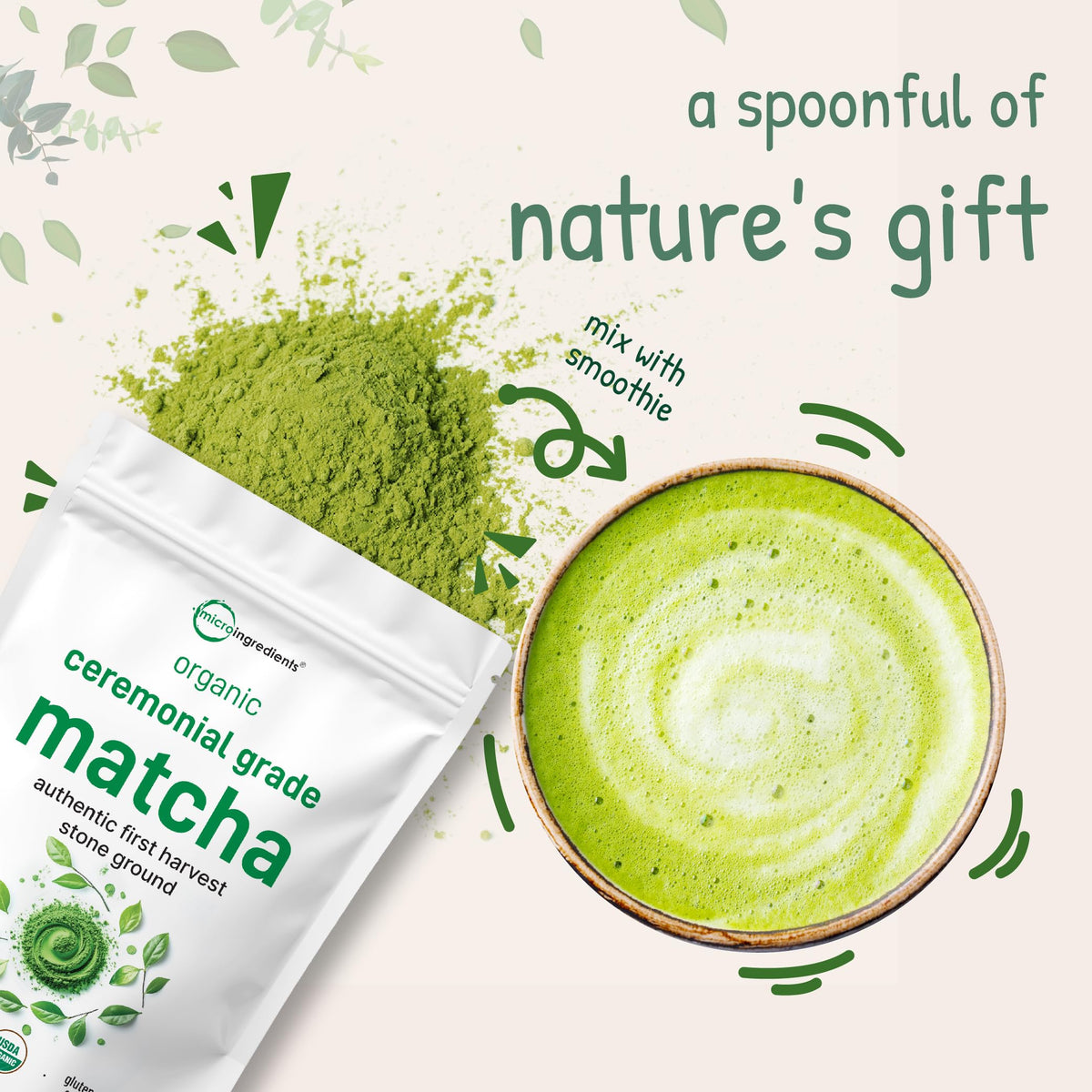 Micro Ingredients Organic Ceremonial Grade Matcha Powder, 100 Servings | First Harvest Japanese Matcha for Latte, Beverages & Baking