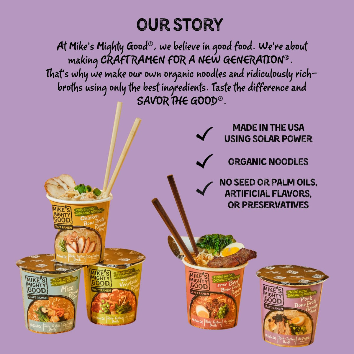 Mike's Mighty Good Bone Broth Pork Ramen Cup (6 Pack) – 8g Protein, Organic Steamed Noodles, Oil-Free