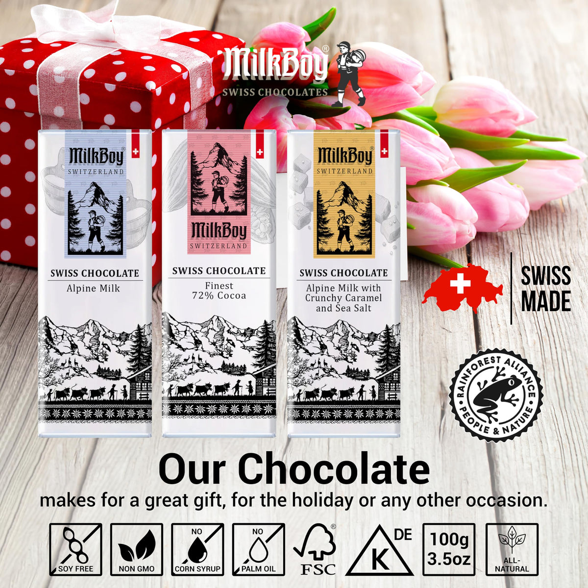 MilkBoy Swiss Chocolates Gourmet Dark Chocolate Bar 72% — 1.4 oz, 10 Pack | Made in Switzerland, Kosher, Vegan, Gluten Free