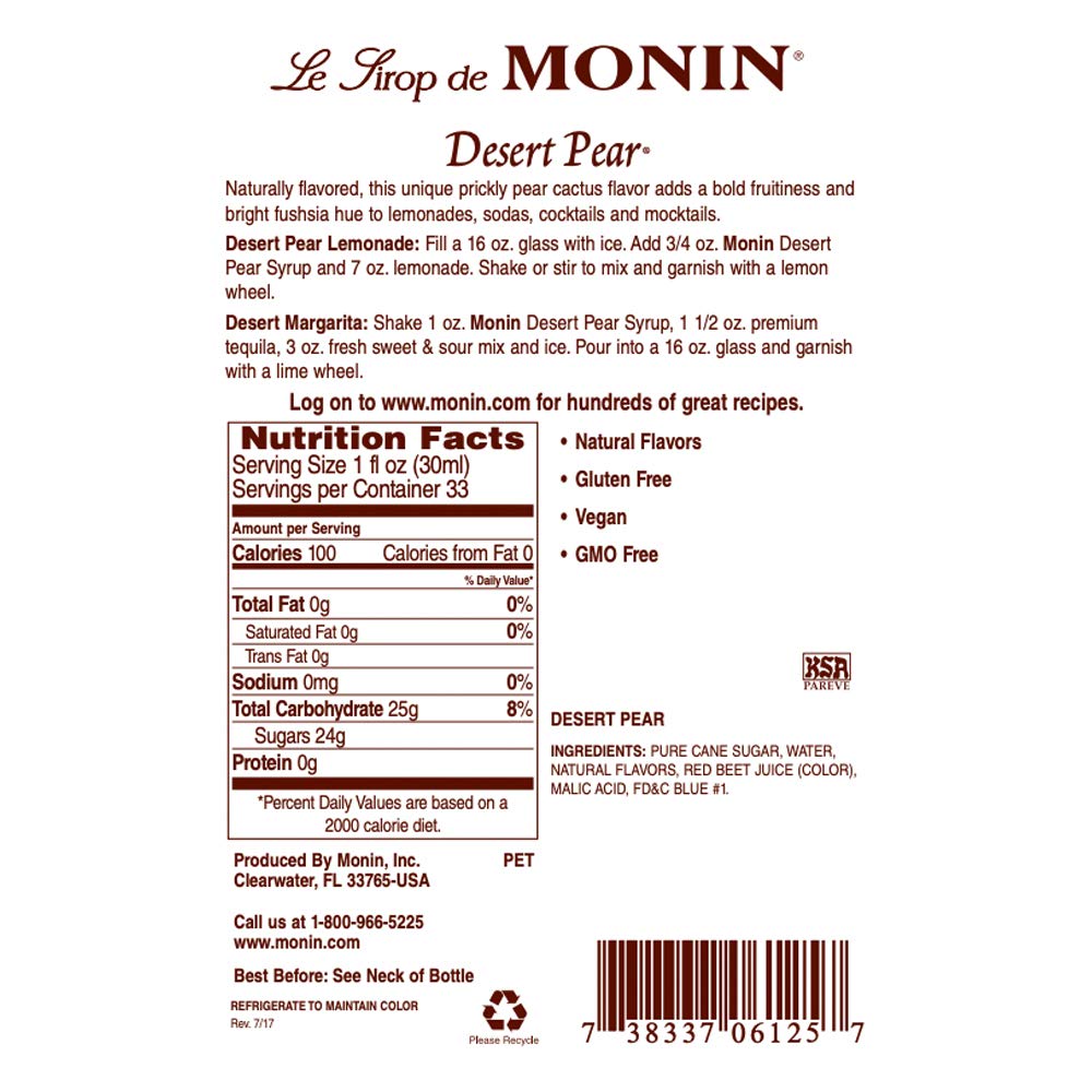 Monin Desert Pear Syrup – Bold Prickly Pear & Pear Flavor, 1 L, Non-GMO, Gluten-Free