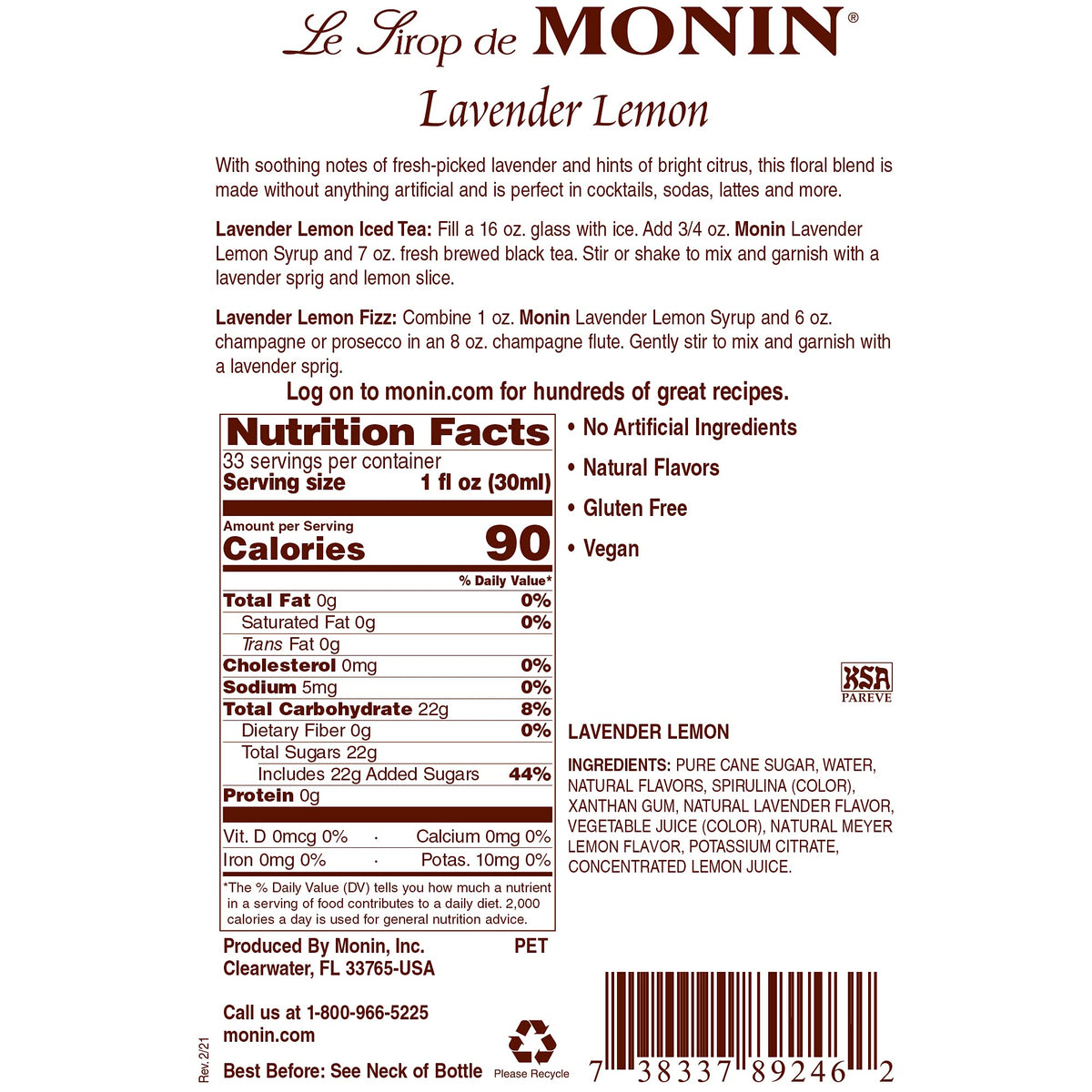 Monin Lavender Lemon Syrup – Floral Lavender with Citrus for Coffee, Cocktails & More | 1 Liter