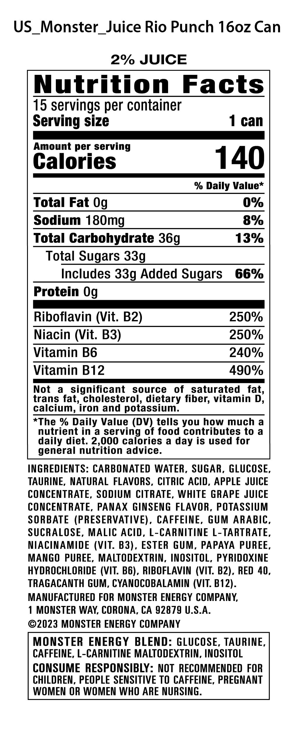 Monster Energy Juice Rio Punch – 16 oz Fruity Energy Drink