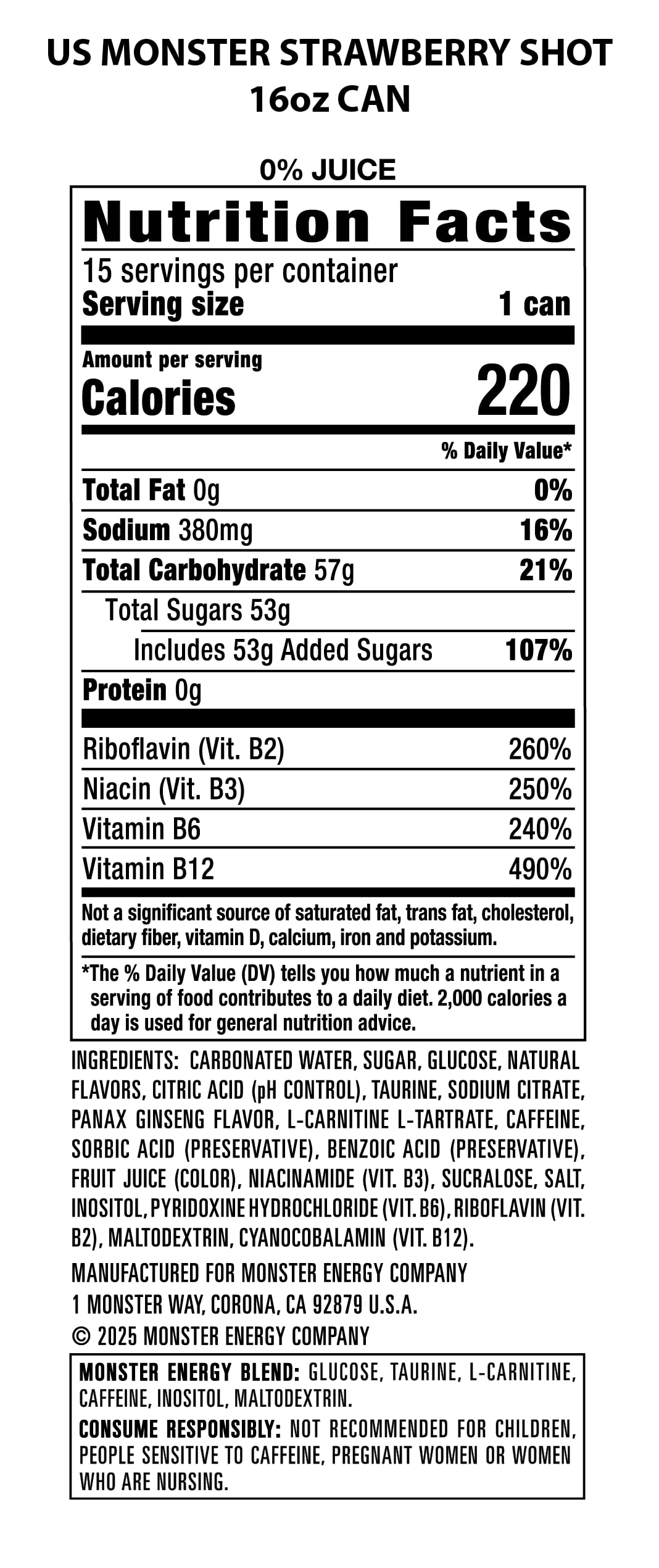 Monster Energy Strawberry Shot – 16 oz Can (Pack of 15)