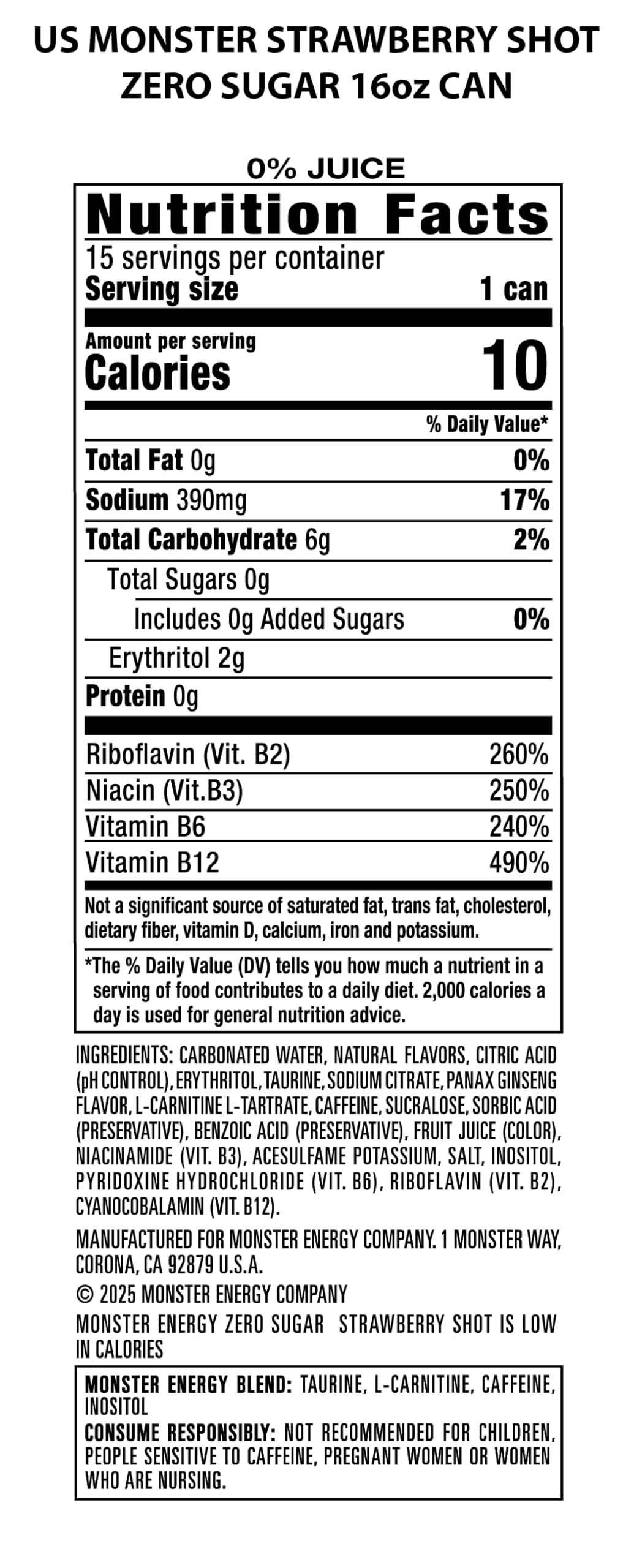 Monster Energy Zero Sugar Strawberry Shot – 16oz Can Pack (15 Cans)
