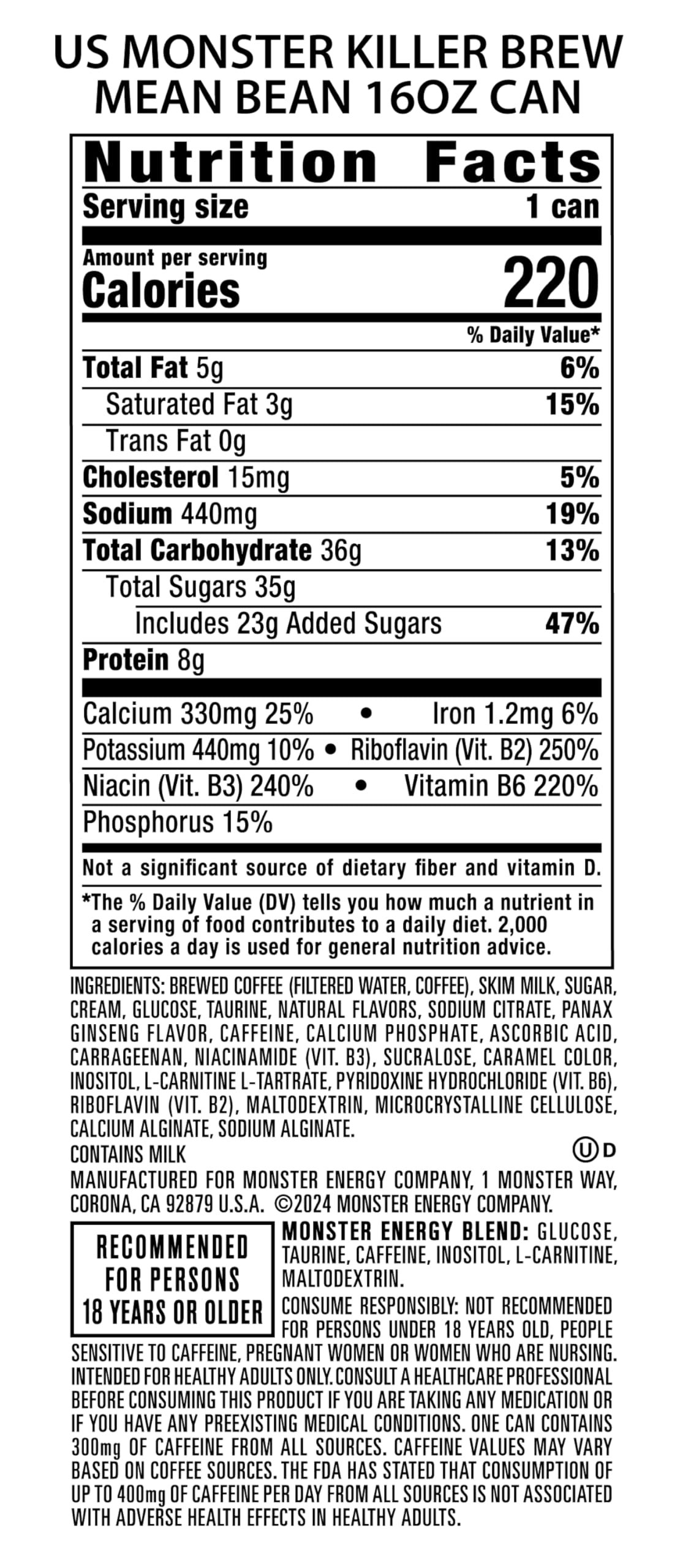 Monster Energy Killer Brew Mean Bean, 15 oz – Vanilla Coffee Flavor & Energy Boost