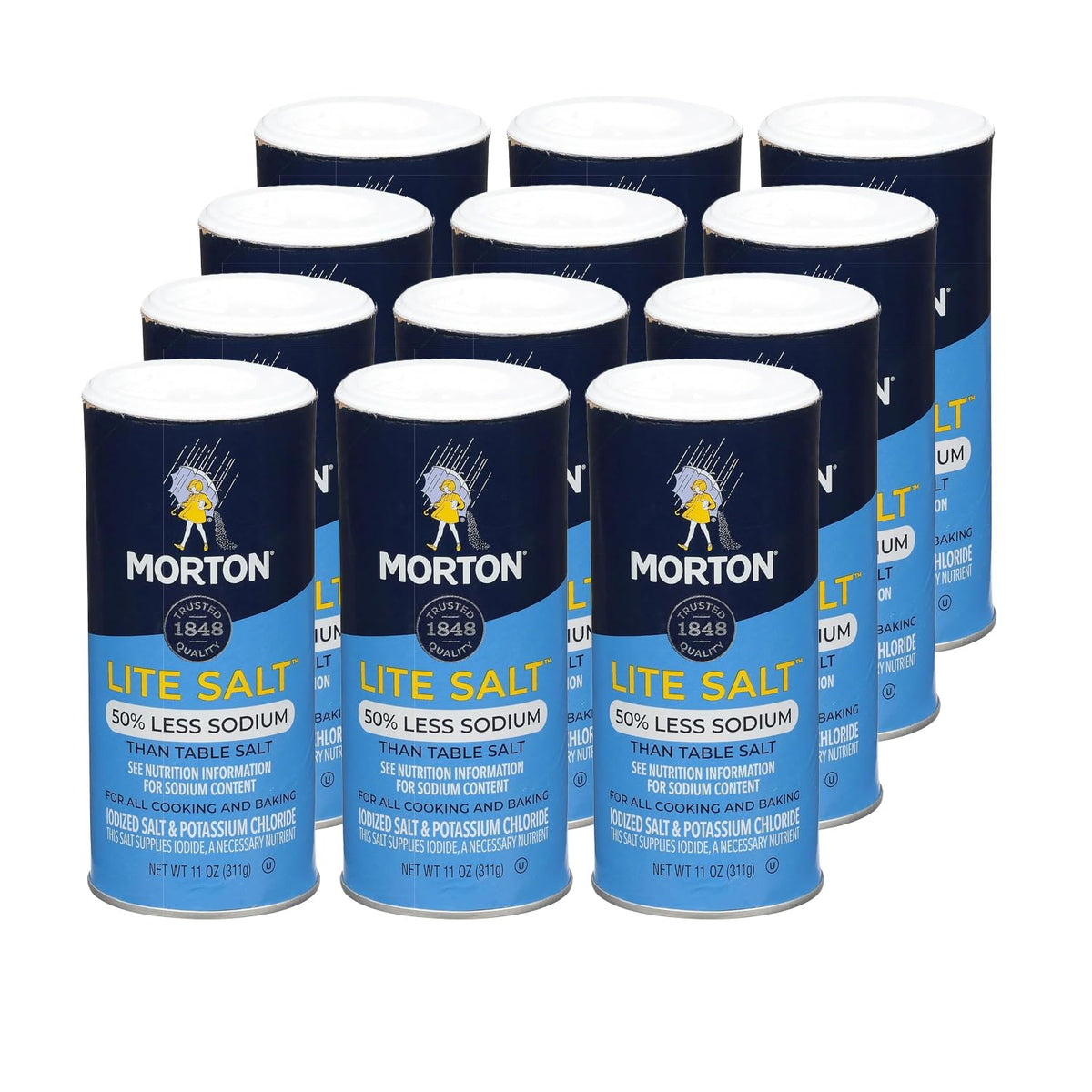 Morton Lite Salt 11 oz Canister (Pack of 12) – 50% Less Sodium, Iodized & Potassium Chloride