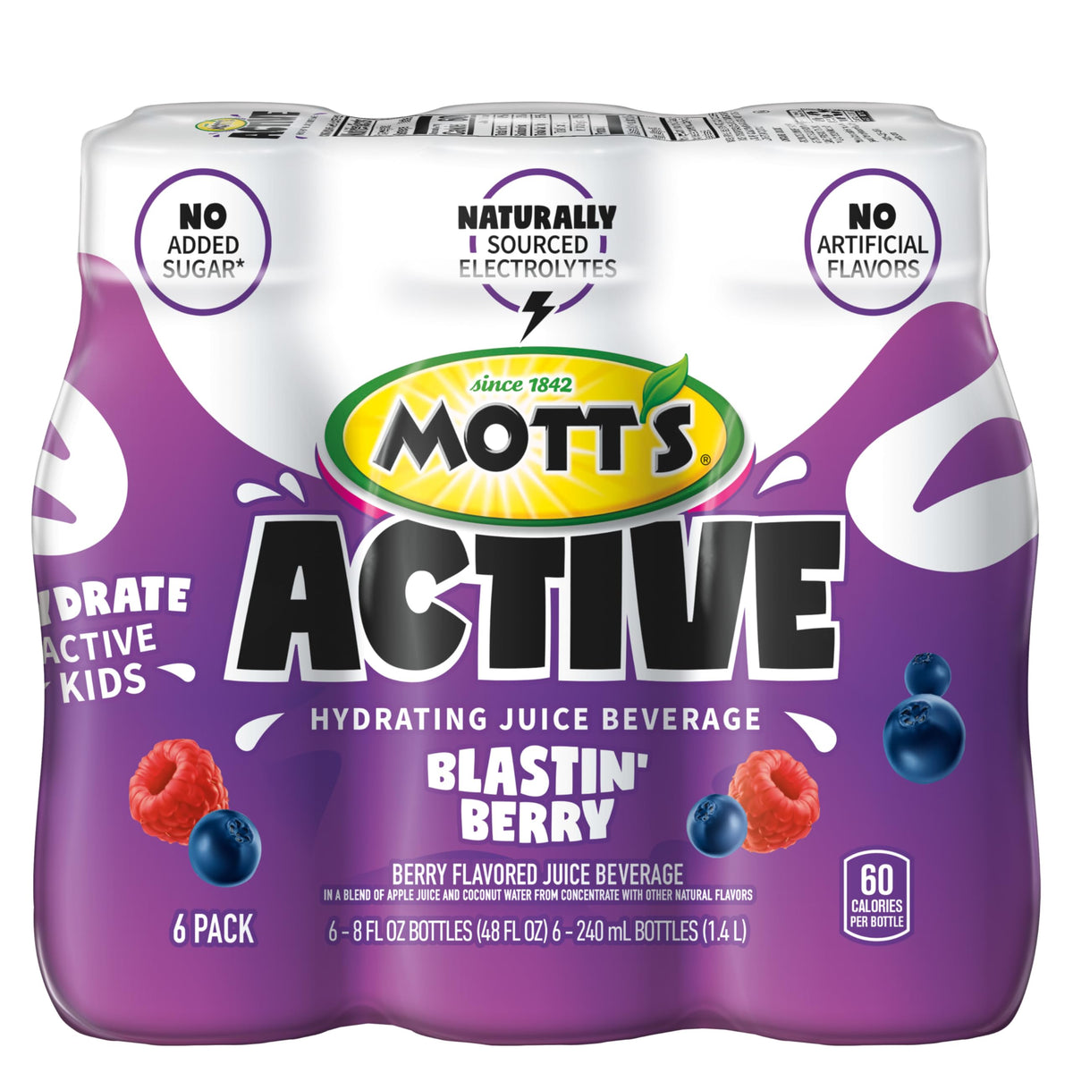 Mott's Active Blastin' Berry Hydrating Juice Beverage — 8 Fl oz Bottles, 24 Count (4 Packs) | Naturally Sourced Electrolytes & Coconut Water