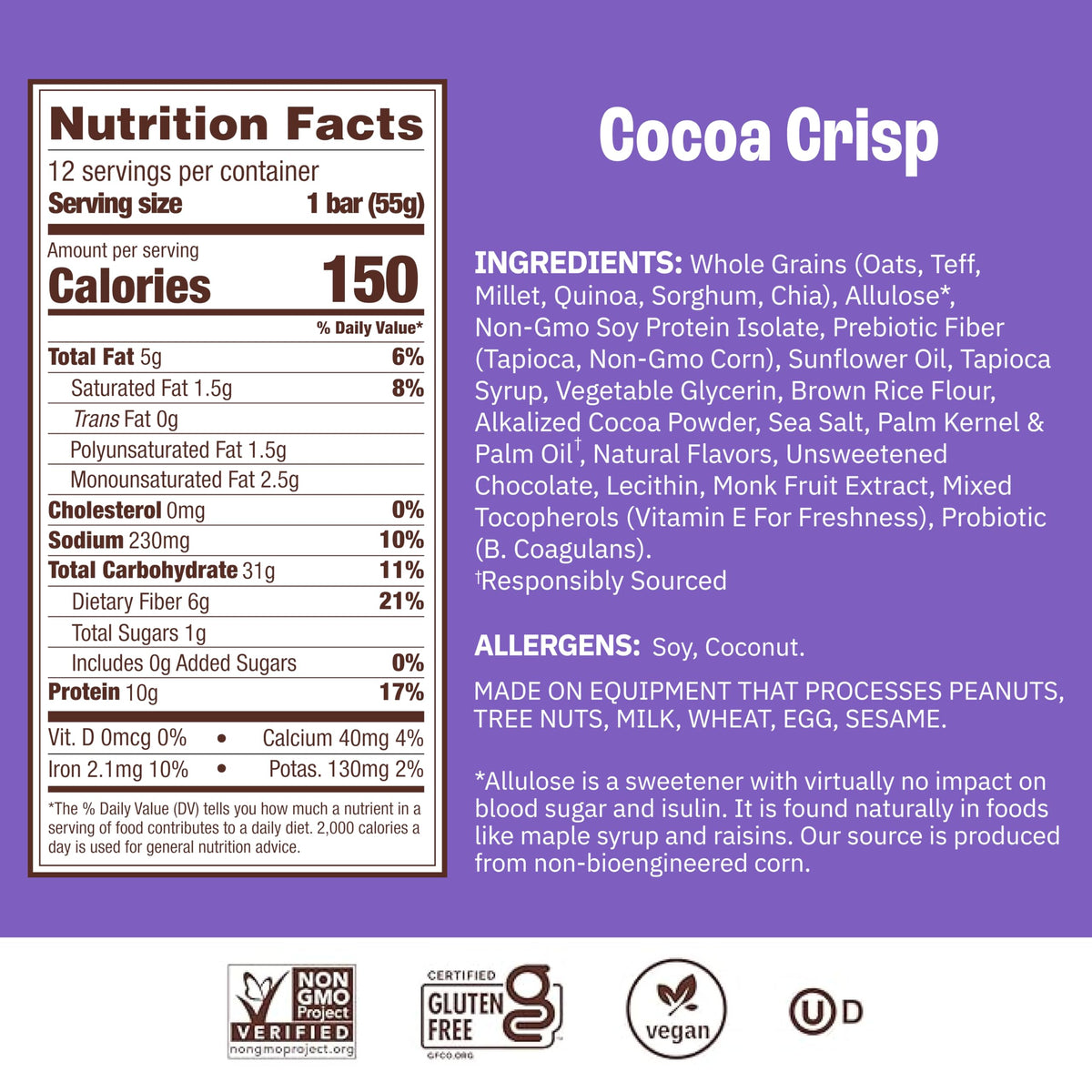 Munk Pack Probiotic Protein Bars - Cocoa Crisp | 10g Plant Protein, 1g Sugar, 6g Fiber | Gluten-Free, Non-GMO On-The-Go Breakfast Bars - 12 Count