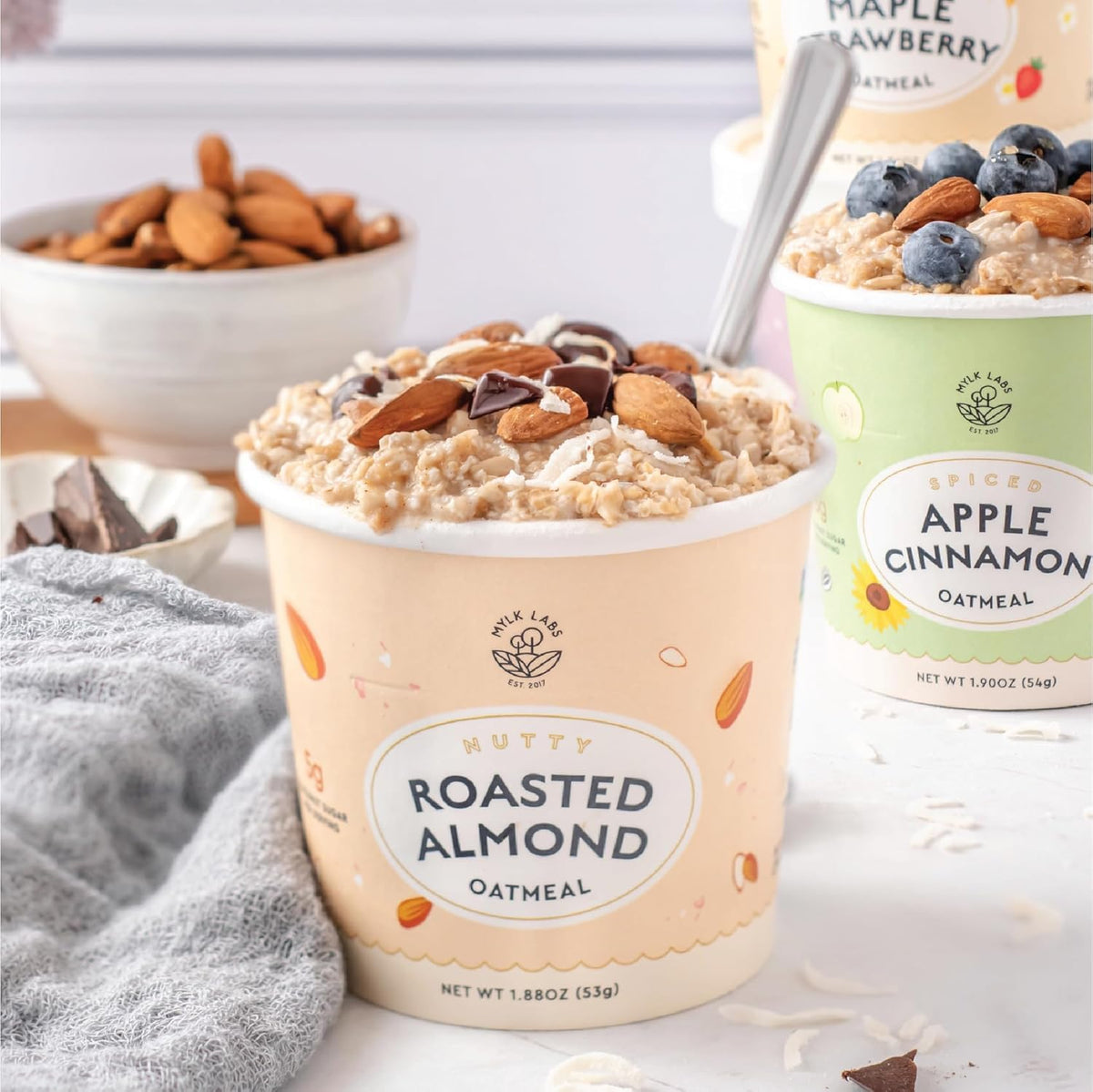 MYLK LABS Roasted Almond Protein Oatmeal Cups – High Fiber, Low Sugar, Gluten Free & Vegan (6 Pack)