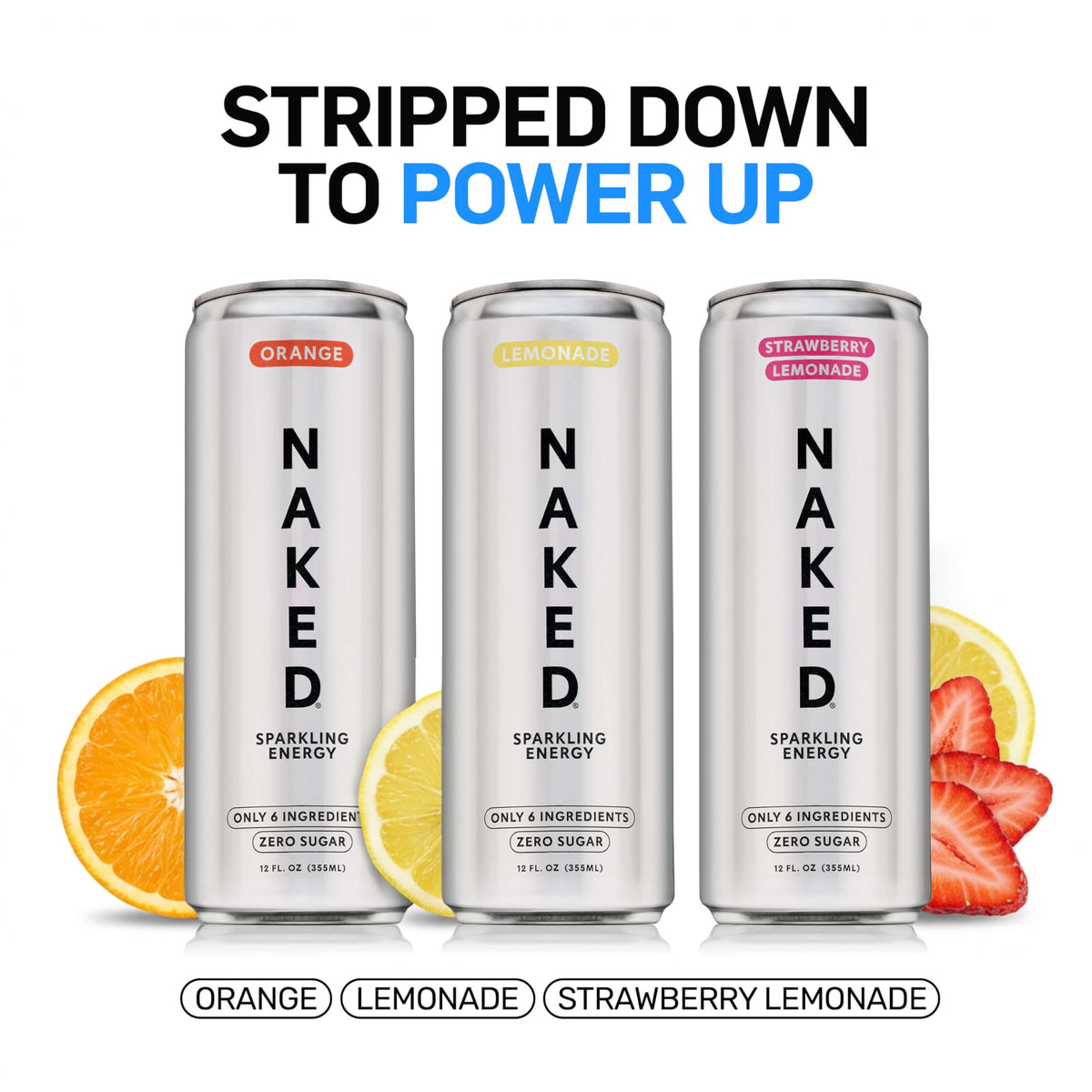 Naked Sparkling Energy Drink Lemonade – Organic Caffeine, Zero Sugar, 12oz Cans (Pack of 12)