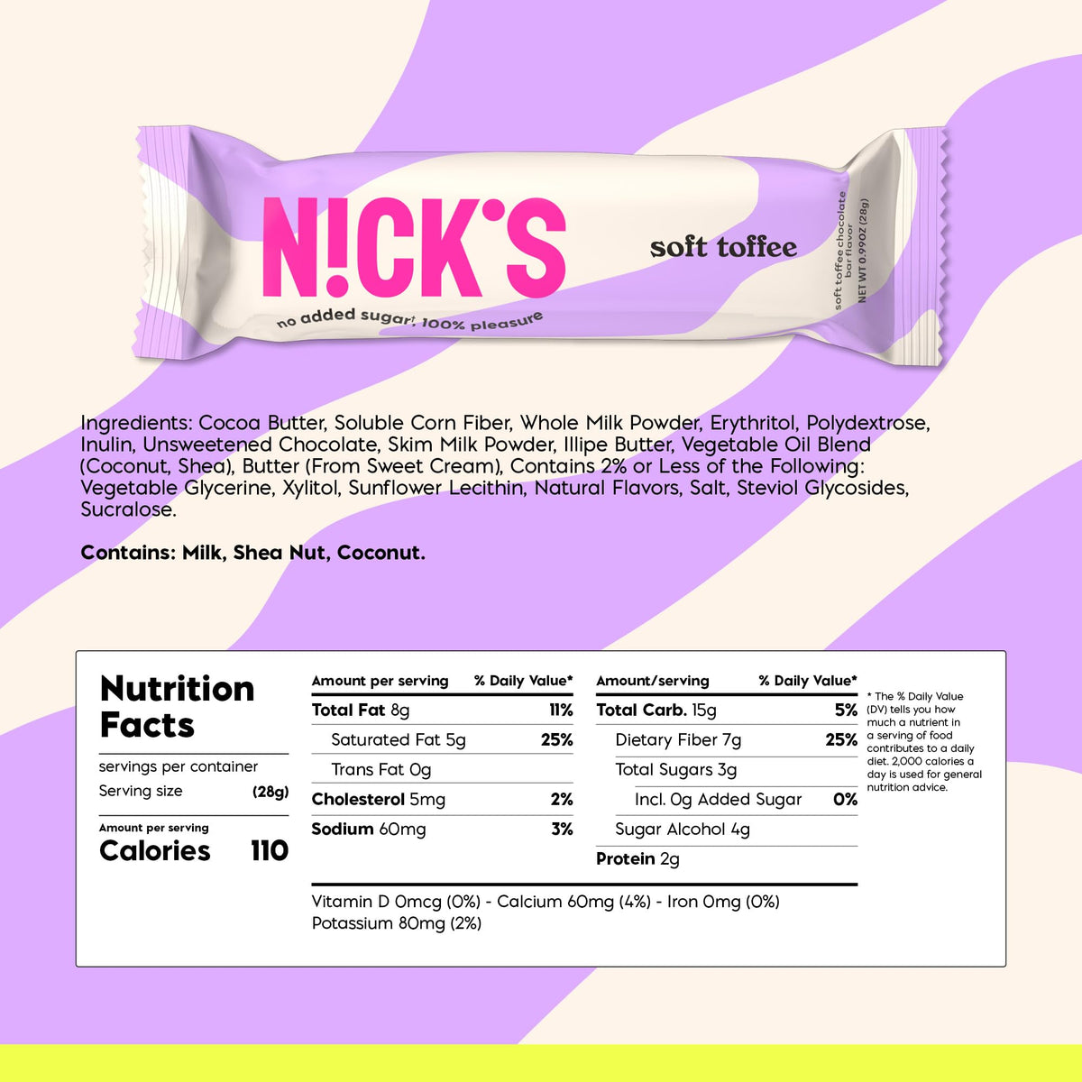 N!CK'S Soft Toffee Chocolate Bar with Caramel – No Added Sugar, 110 Cals, 3.5g Net Carbs, Gluten Free, 15-Pack