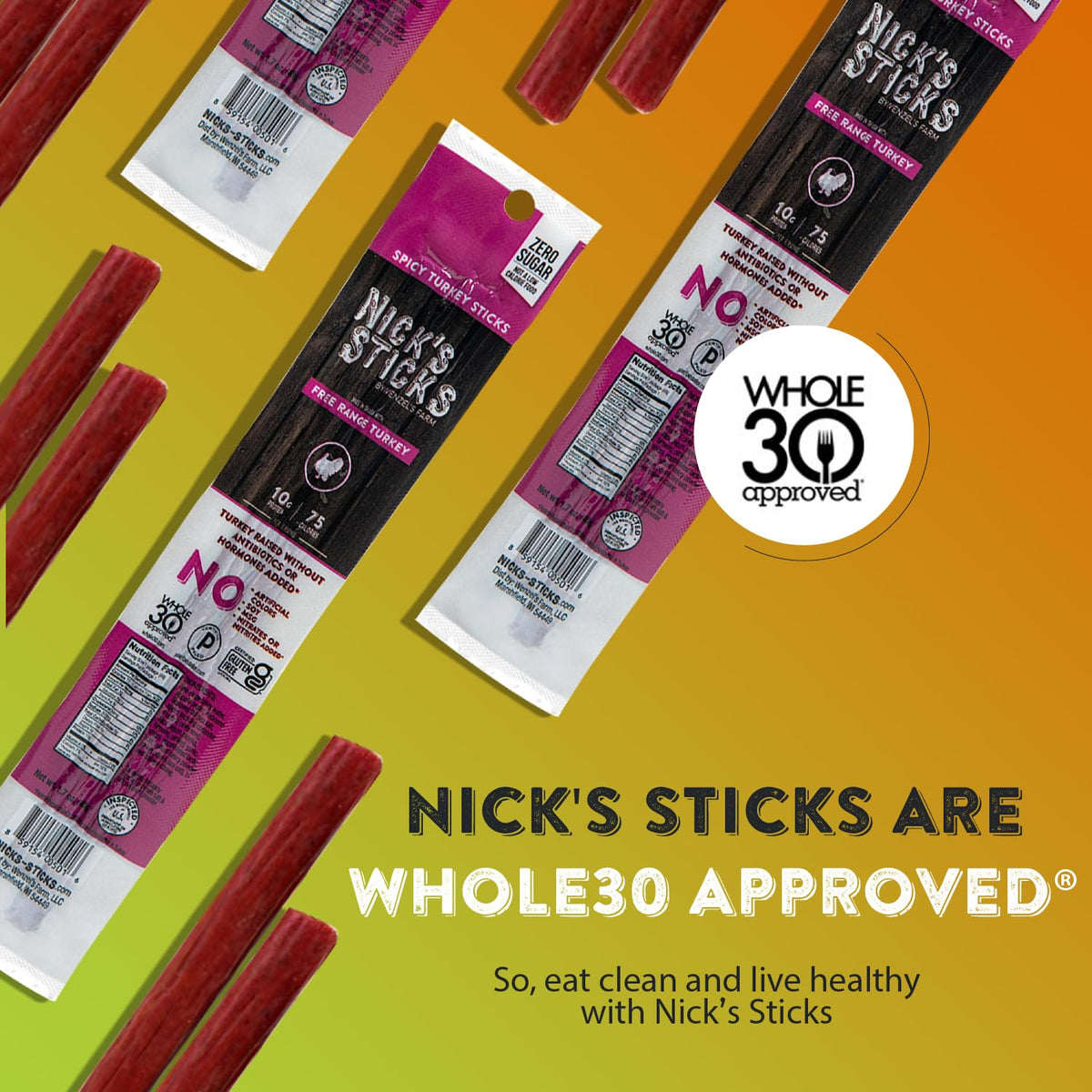 Nick's Sticks Clean & Balanced Spicy Free Range Turkey Snack Sticks – 25-Pack, Made in USA, Gluten Free, Paleo, Keto