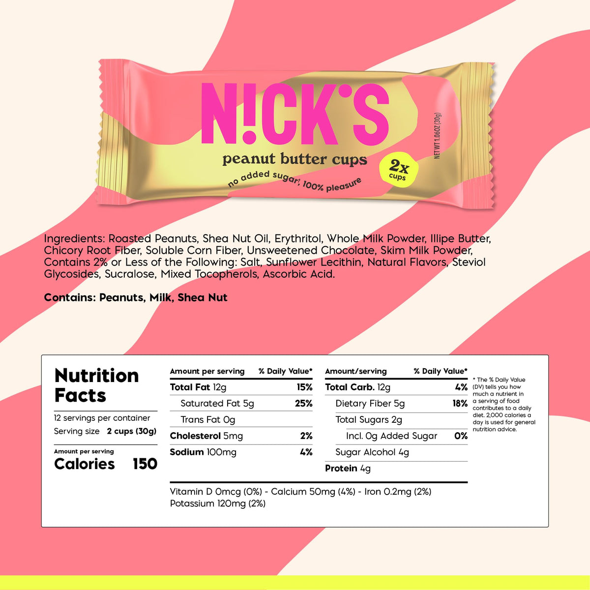 NICKS Peanut Butter Cups – Low Carb, No Added Sugar, Keto & Gluten Free, Palm Oil Free | 24 Cups (12-Pack)