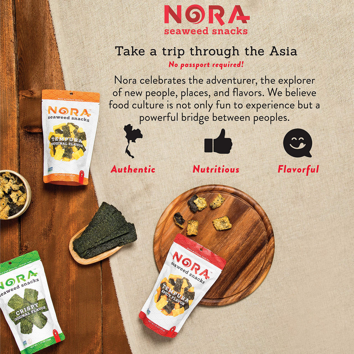 NORA Original Tempura Seaweed Snacks - Thick Nori Sheets, Low-Carb Vegan Snack 6-Pack