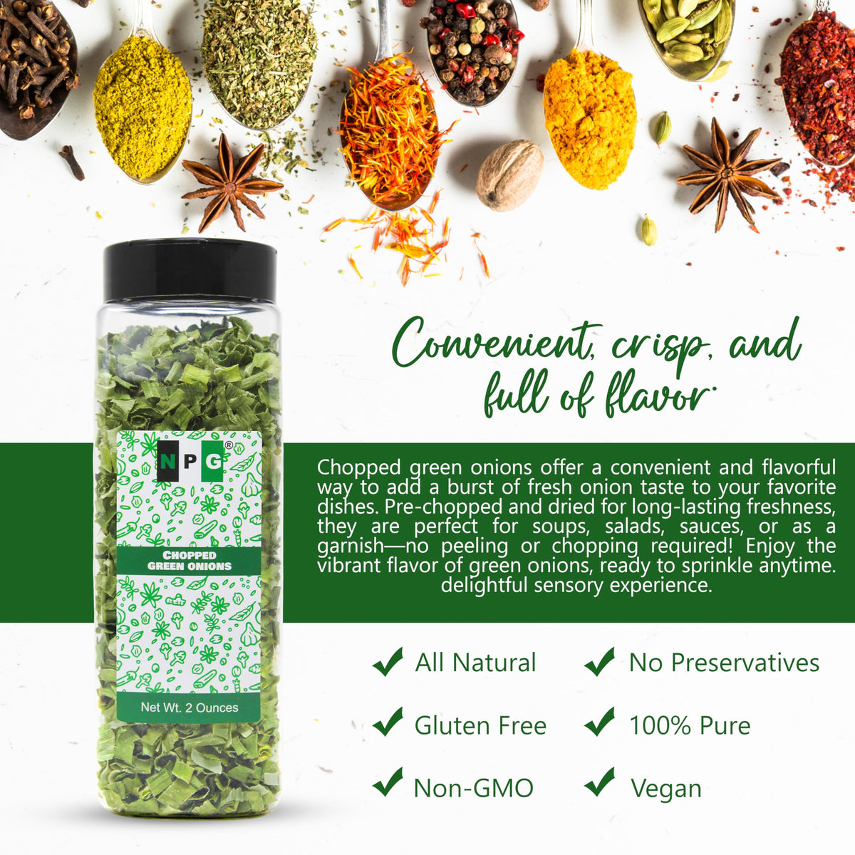 NPG Freeze Dried Chopped Green Onions – 2 Oz x 2 Pack | All Natural, Non-GMO, Gluten Free