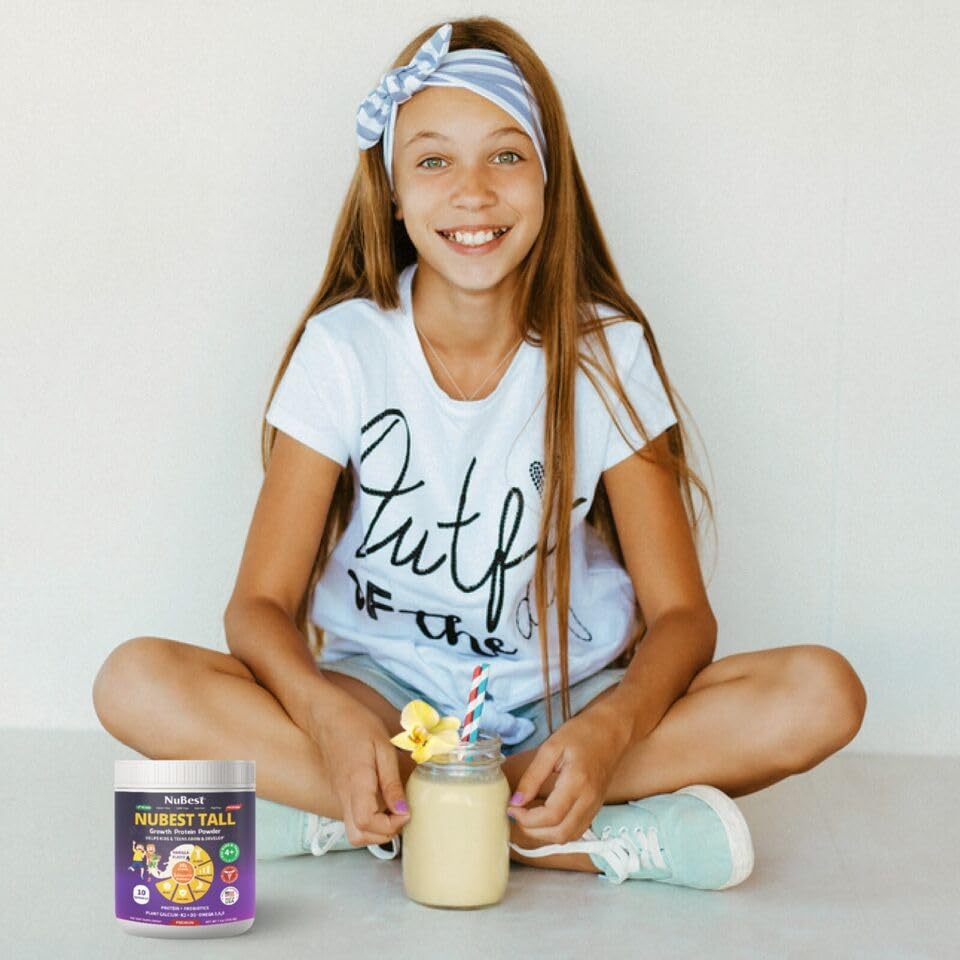 NuBest Tall Vanilla Plant-Based Protein Powder for Kids & Teens – 10 Servings, Probiotics, Omega 3-6-9, Vitamin D3 + K2, Calcium