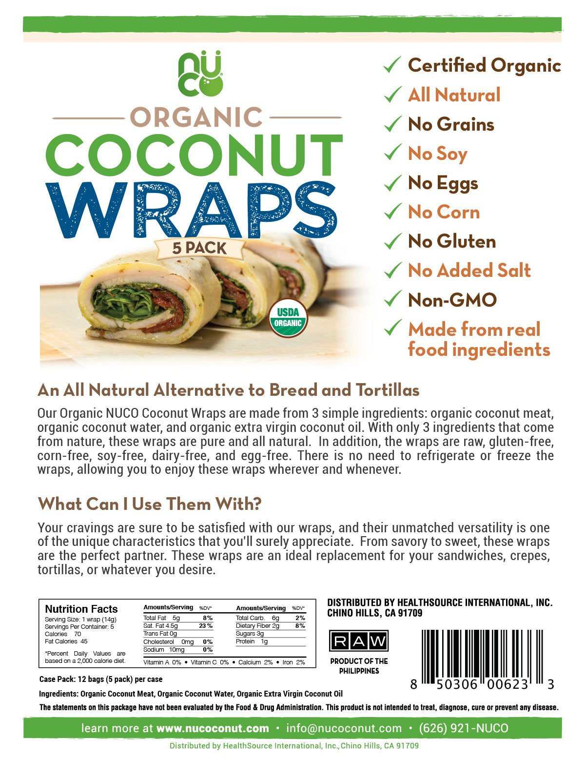 NUCO Certified Organic Coconut Wraps – Paleo, Gluten-Free, Vegan (50 Count)