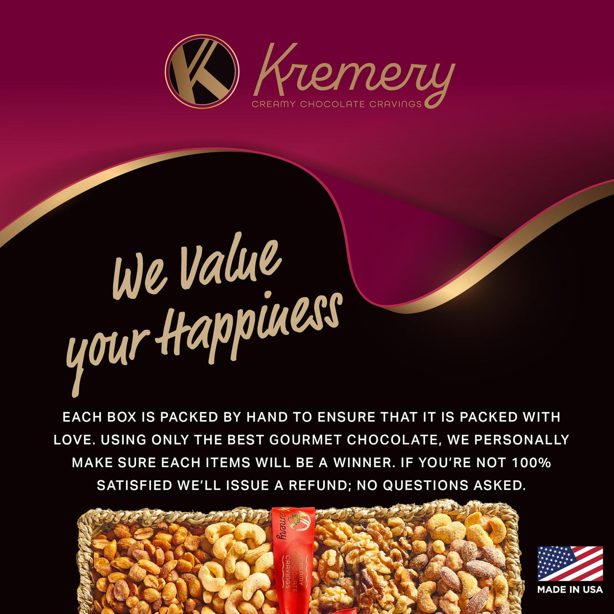 Nut Cravings KREMERY Mother's Day Treats Gift Basket — 9 Gourmet Nuts & Pretzels in Seagrass Tray, Kosher