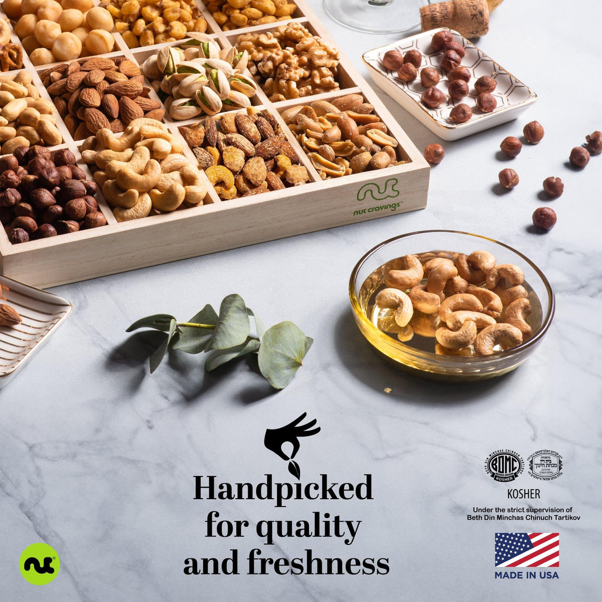Nut Cravings Mother's Day Mixed Nuts Gift Basket — Reusable Wood Tray, Green Ribbon, 12 Assortments | Kosher