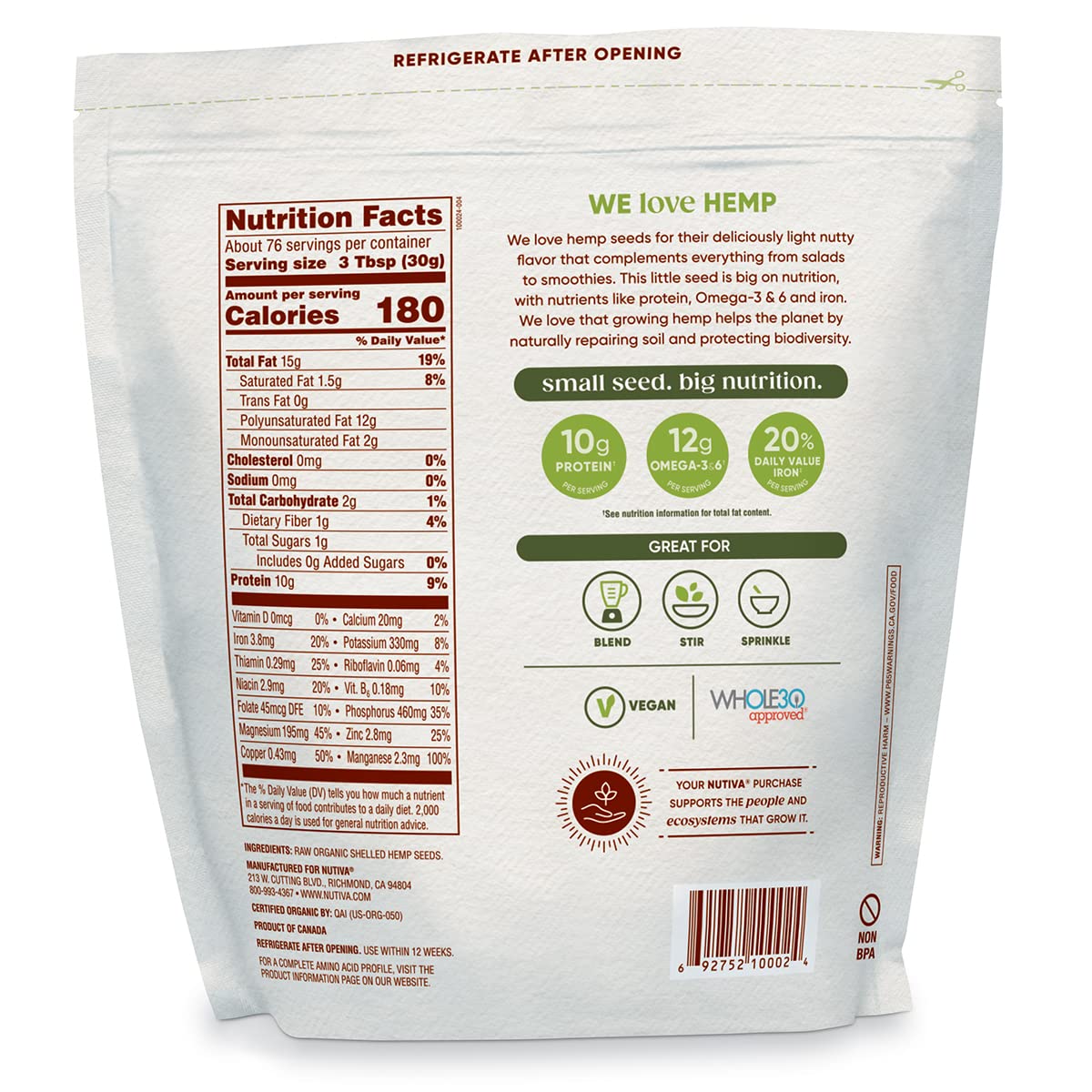 Nutiva Organic Raw Shelled Hemp Seed – 10g Protein, 12g Omegas per Serving, 48 oz
