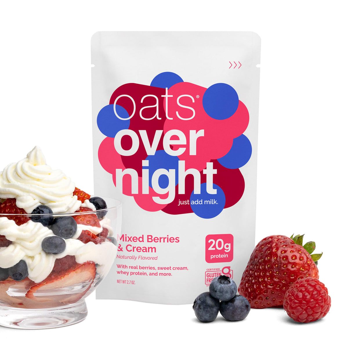 Oats Overnight Mixed Berries & Cream – 20g Protein, High Fiber, Gluten Free Overnight Oats (8 Pack)