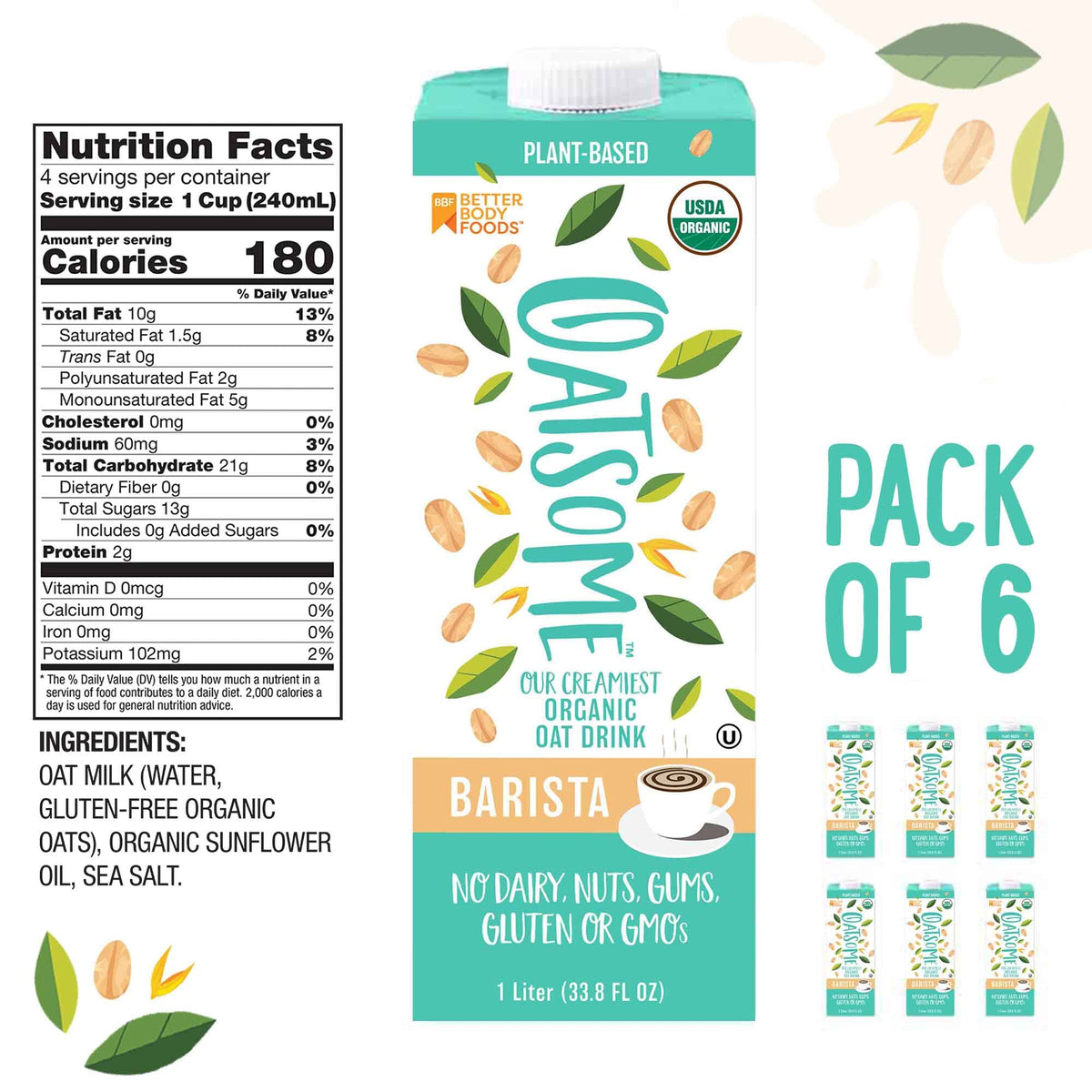 Oatsome Organic Oat Milk Barista Blend – Gluten-Free & Dairy-Free (6 Pack, 33.8 fl oz each)