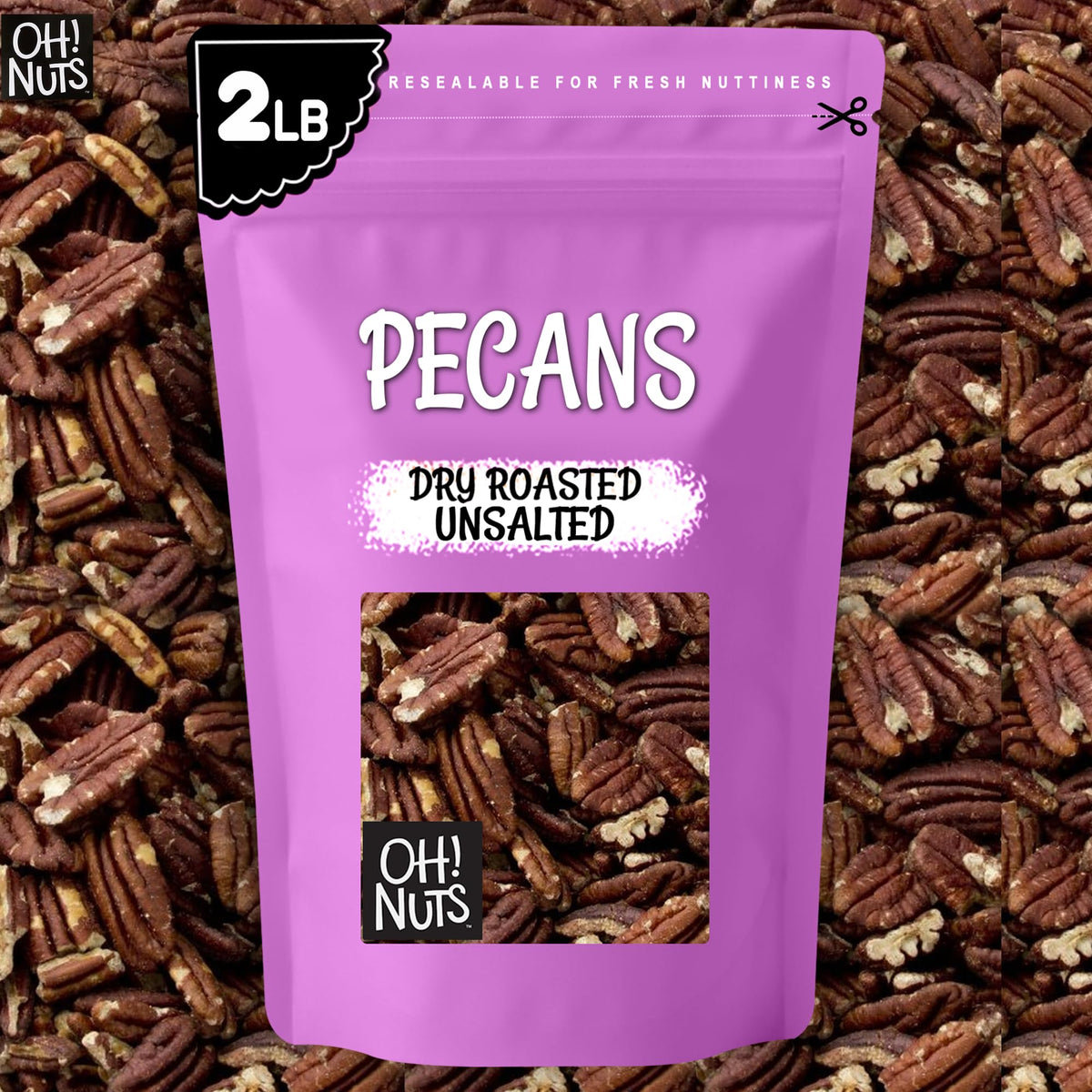Oh! Nuts Pecans Dry Roasted Unsalted – Kosher, Oil-Free, All Natural, 2 lb Bulk Bag