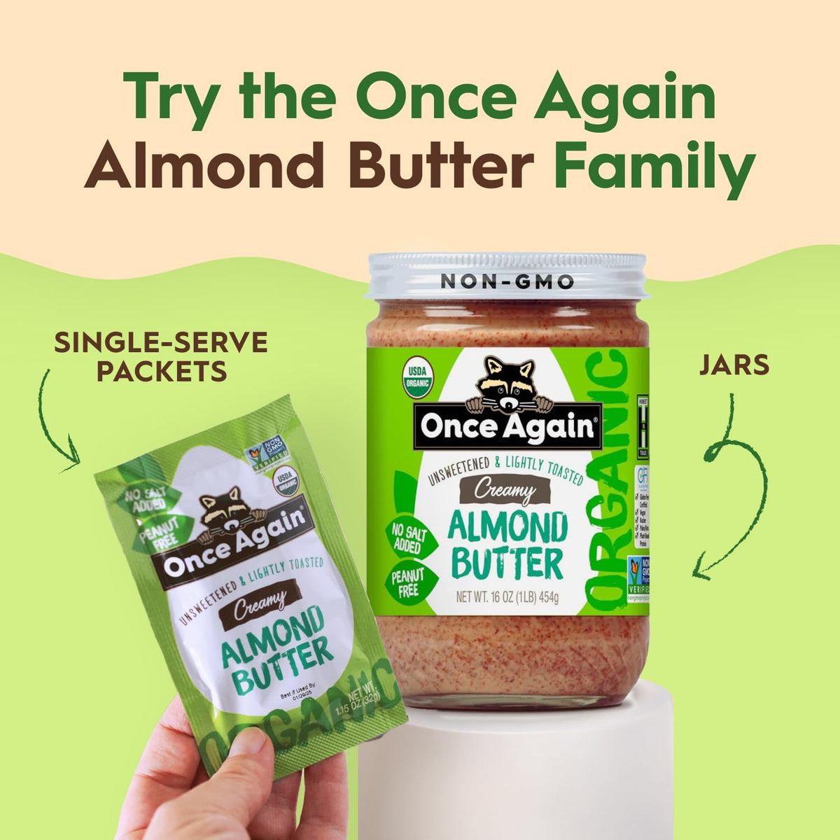 Once Again Creamy Organic Almond Butter – No Sugar, Lightly Toasted, Single Ingredient, Glass Jar (6-Pack)