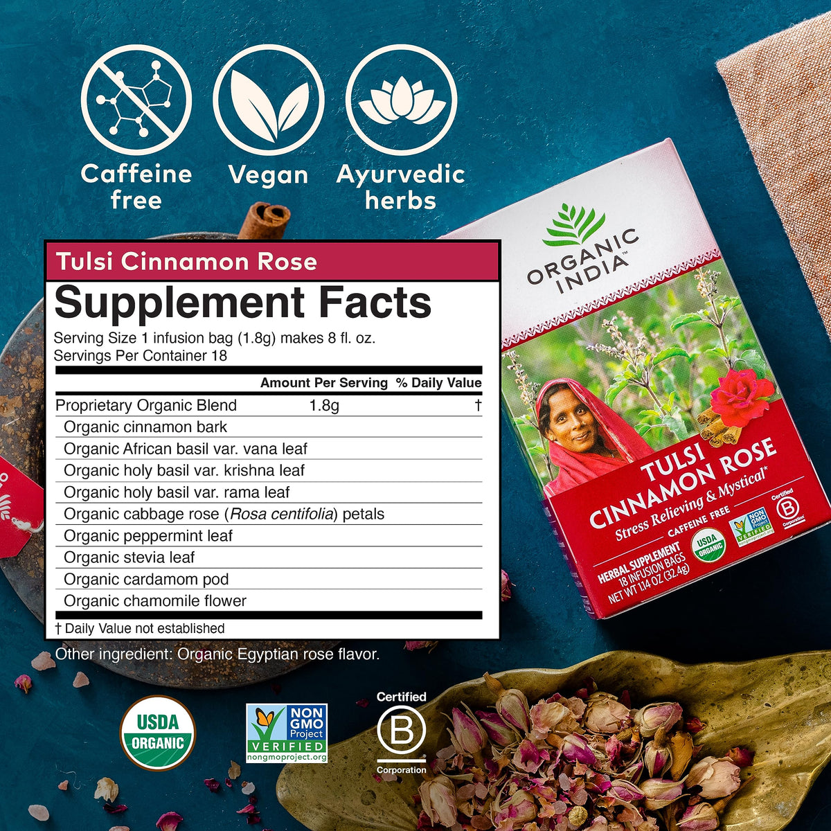 ORGANIC INDIA Tulsi Cinnamon Rose Tea – Caffeine-Free Tulsi Rose Tea Bags, Chamomile & Holy Basil, 18 Infusion Bags, 3 Pack