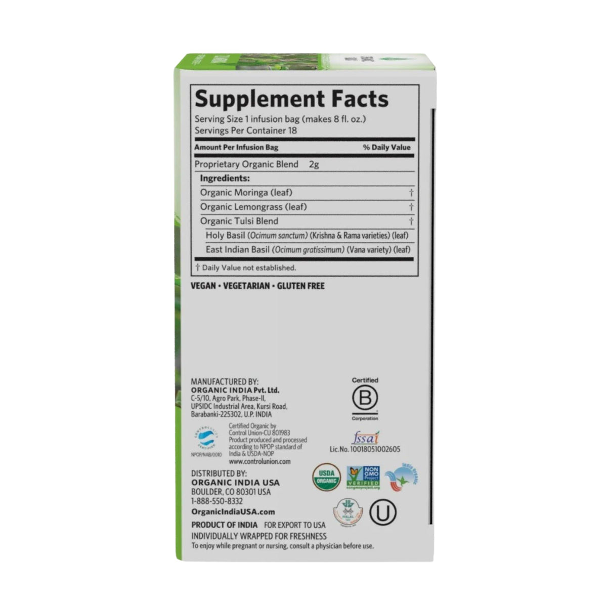 ORGANIC INDIA Tulsi Moringa Tea Bags – Calming, Caffeine-Free, USDA Organic