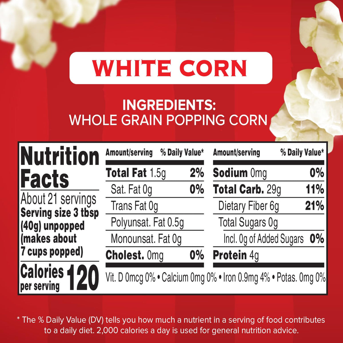 Orville Redenbacher's White Popcorn Kernels – 6 Pack, 30 oz Each, 6g Fiber Per Serving | Gluten Free & 100% Natural