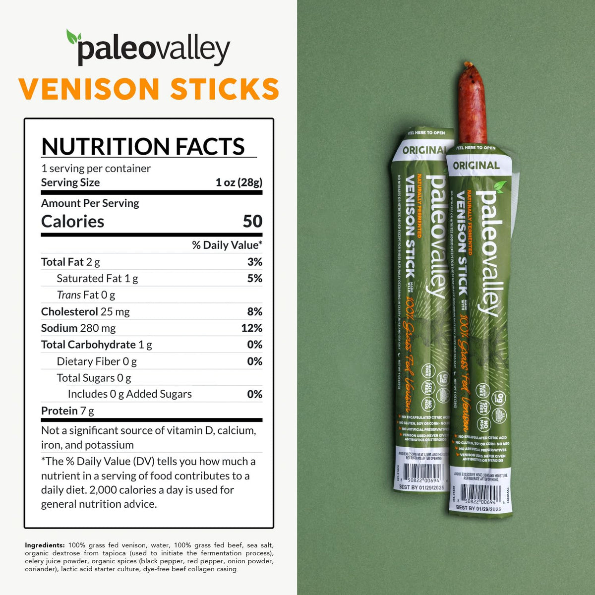 Paleovalley 100% Grass-Fed Venison Sticks – 10 Pack | Keto, High Protein, Low-Calorie Snack