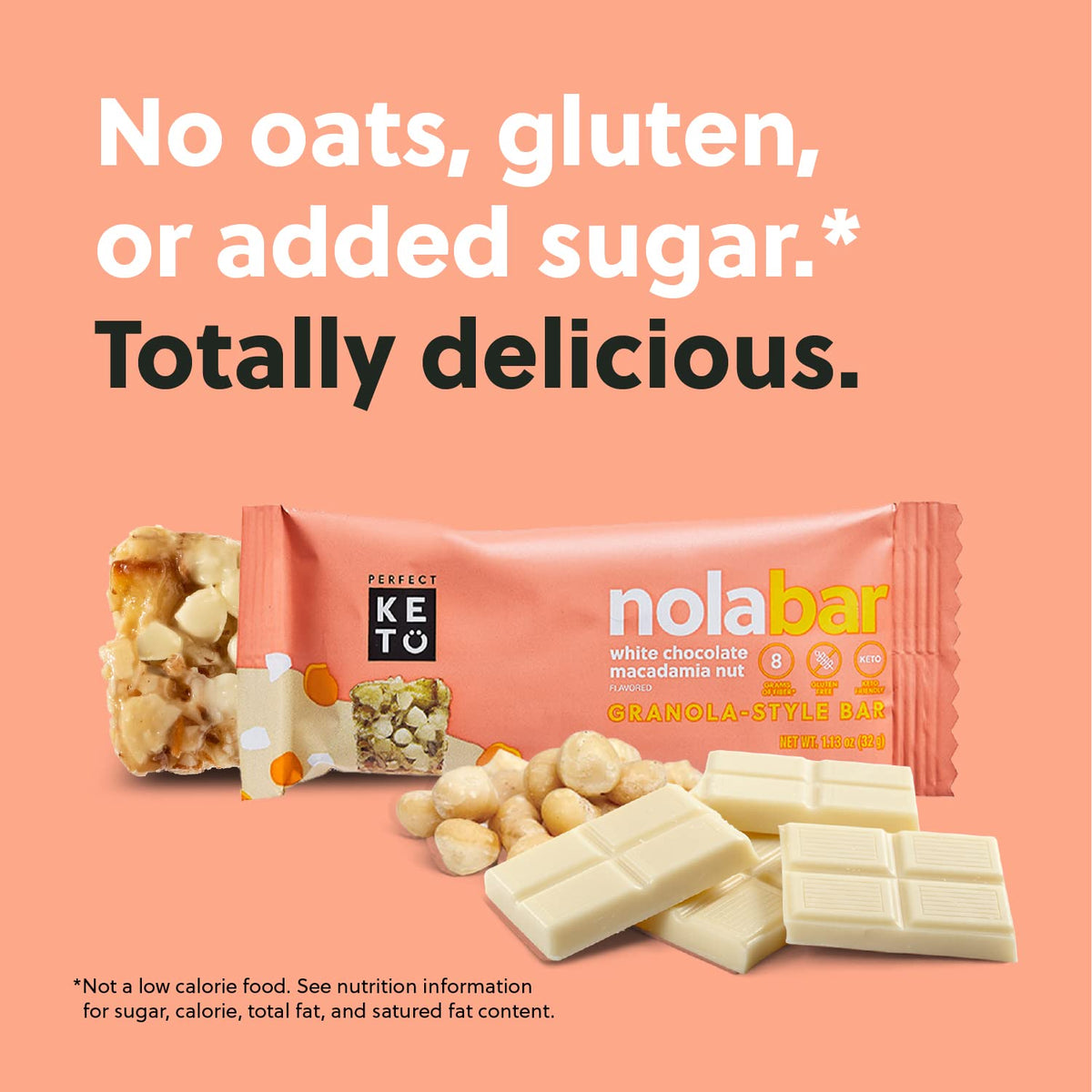 Perfect Keto Nola Bars – Gluten Free, Low Carb Snack with 2g Net Carbs – White Chocolate Macadamia, 8 Pack