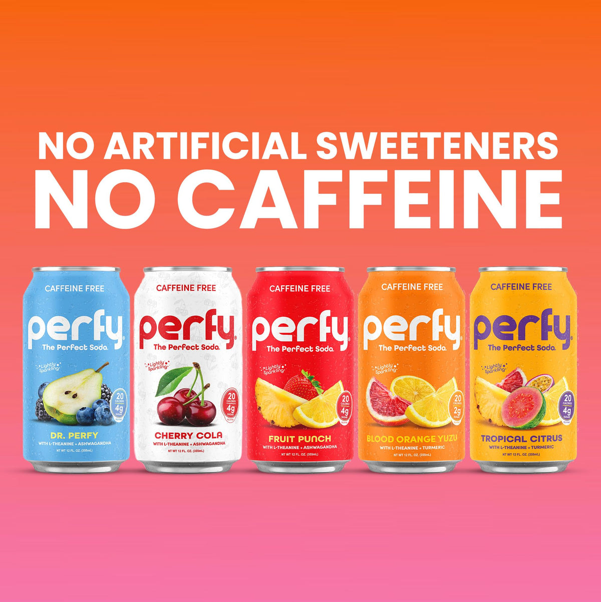 PERFY Caffeine Free Healthy Soda Variety Pack – Real Fruit Juice, Low Sugar Nootropic Drinks (12-Pack)