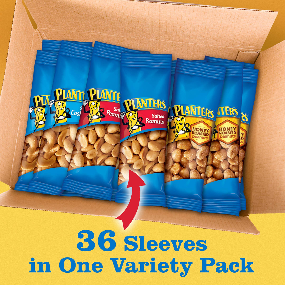 PLANTERS Variety Pack – Salted Cashews, Salted Peanuts & Honey Roasted Peanuts (36 Count)