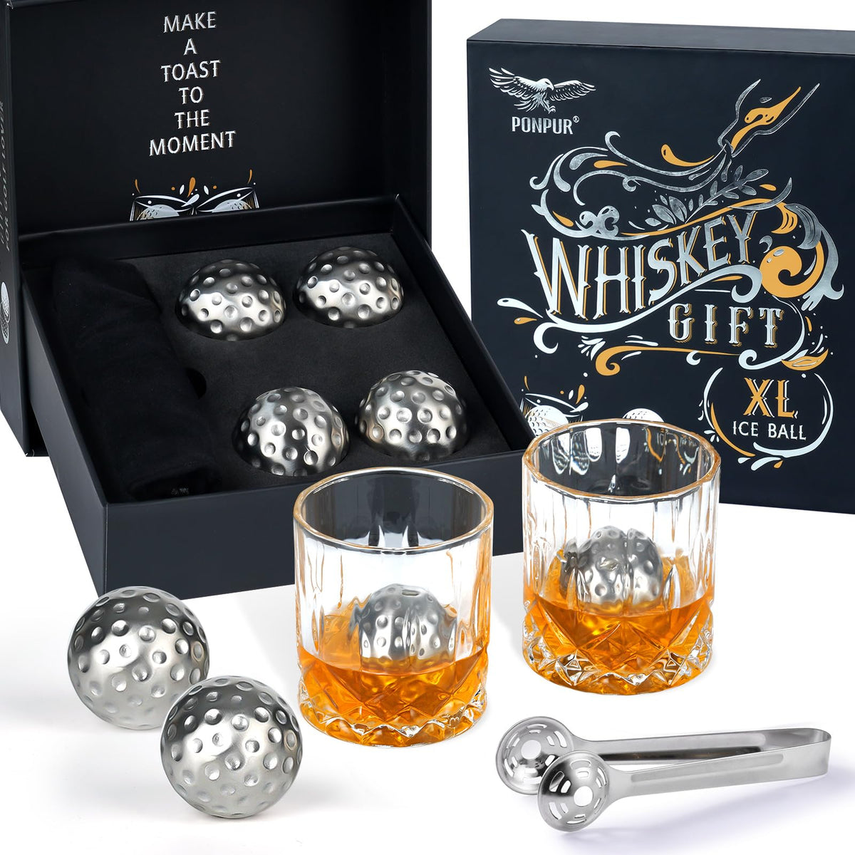 PONPUR 4 Whiskey Golf Balls with Tongs – Reusable Stainless Steel Ice for Golf Lovers