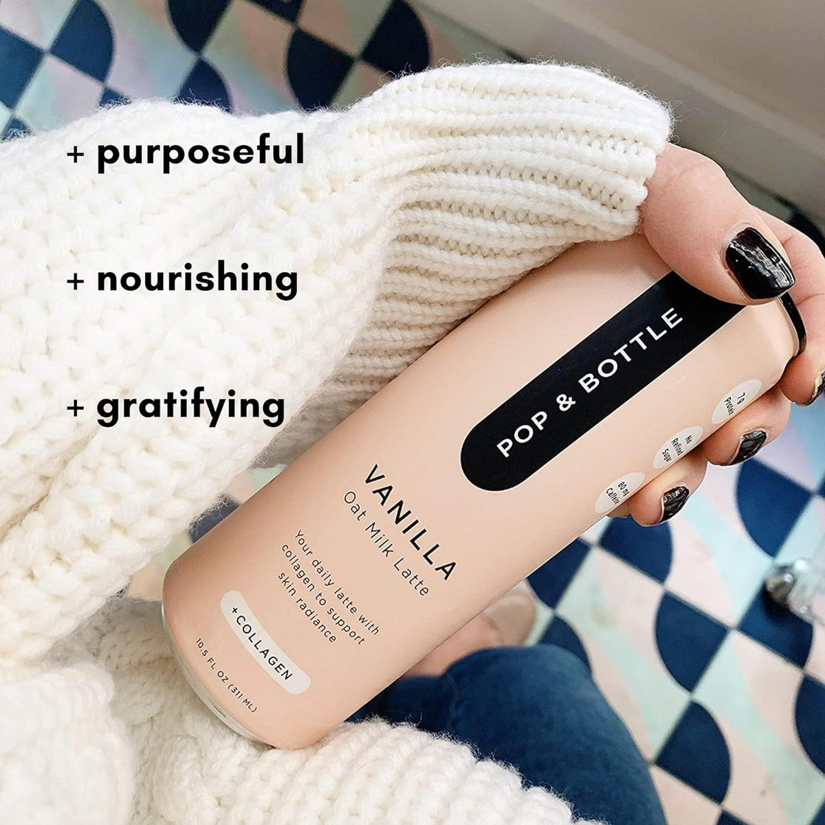 Pop & Bottle Vanilla Oat Milk Lattes – Cold Brew, Marine Collagen, Organic, Dairy Free (8 Pack)