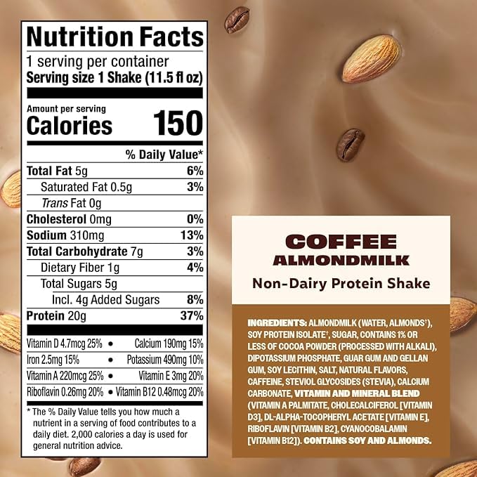 Premier Protein Non-Dairy Coffee Almondmilk Shake with Caffeine — 20g Protein, 5g Sugar, 11.5 Fl Oz (12 Pack)