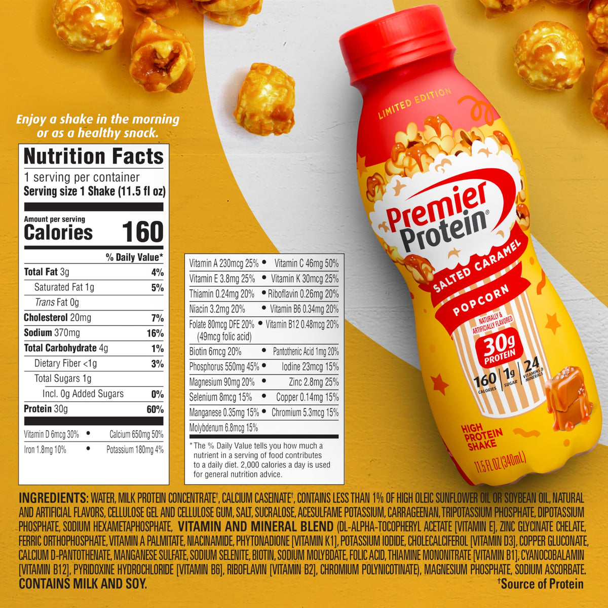 Premier Protein Shake LIMITED EDITION Salted Caramel Popcorn — 30g Protein, 1g Sugar, 11.5 fl oz, 12 Pack