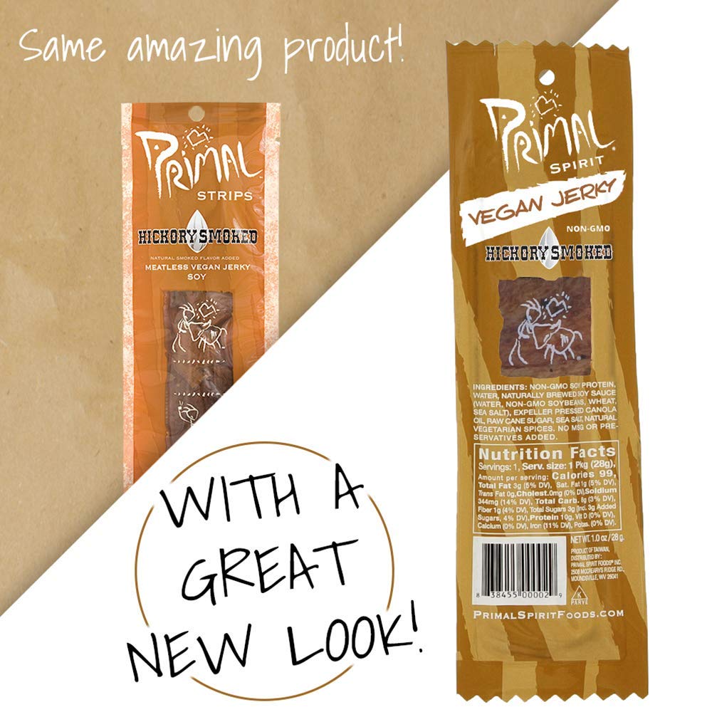 Primal Spirit Vegan Jerky – Classic Hickory Smoked, 10 g Plant-Based Protein, Non-GMO, No Preservatives (24 Pack)
