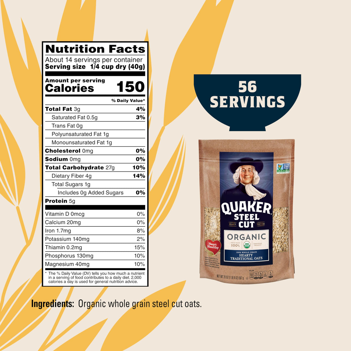 Quaker Organic Steel Cut Oats – 4x20oz Resealable Bags | Non-GMO Verified