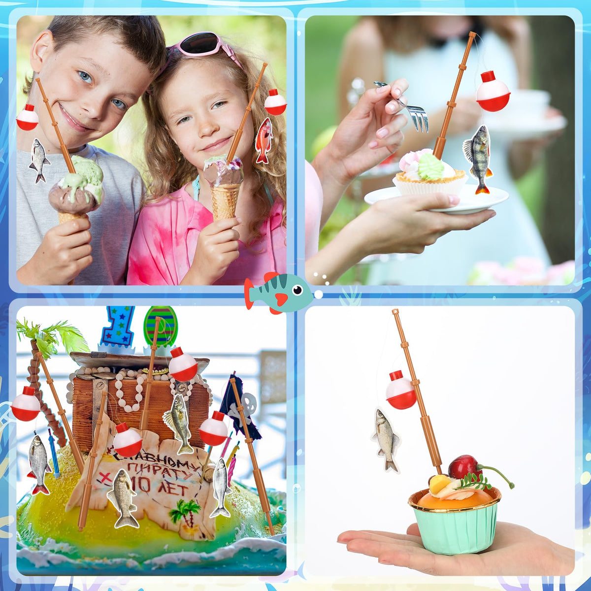 Reallnaive 24 Pcs Fishing Float Cupcake Toppers – 3D Fish Bobber Picks