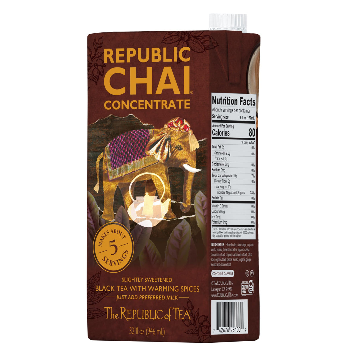 Republic Chai Black Tea Concentrate – 6 Cartons, 32 oz each | Chai Latte Mix, Naturally Caffeinated, Gluten Free