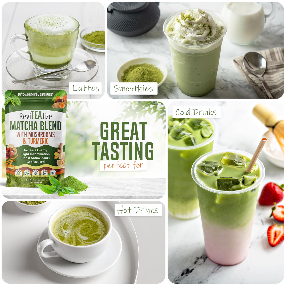 Revitealize Matcha Mushroom Powder Latte Blend – Organic Ceremonial Grade Matcha, 30 Servings